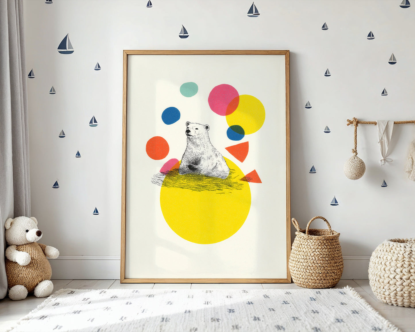 Colorful poster of a bear with balloons in a child's room.