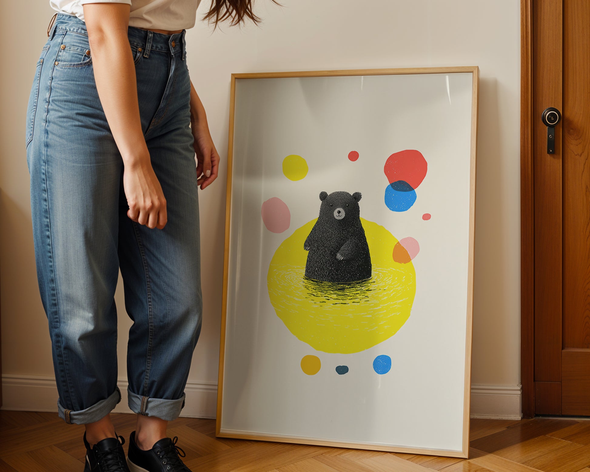 Modern bear nursery poster featuring minimalist black bear illustration with colourful abstract shapes.