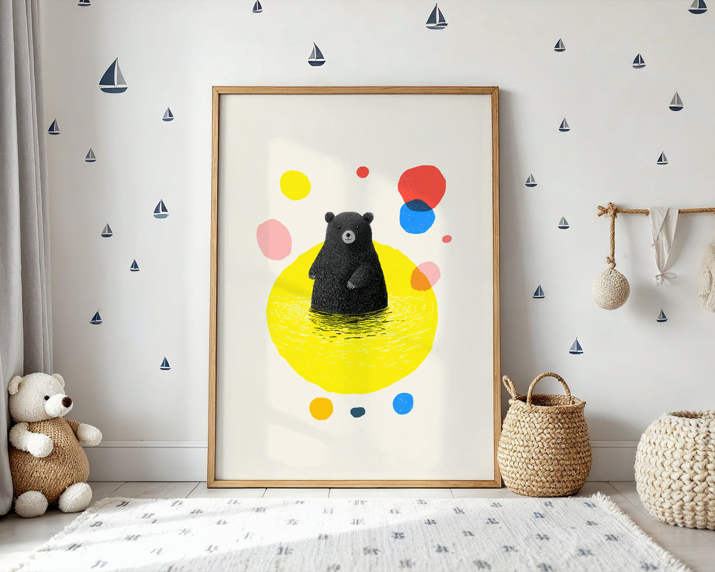 Minimalist bear nursery poster featuring black bear illustration with colourful abstract shapes.