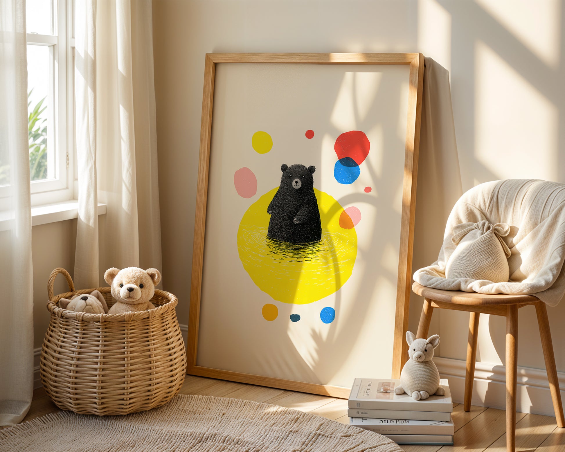 Colorful abstract art print of a bear in a wooden frame, with toys and a chair in a room.