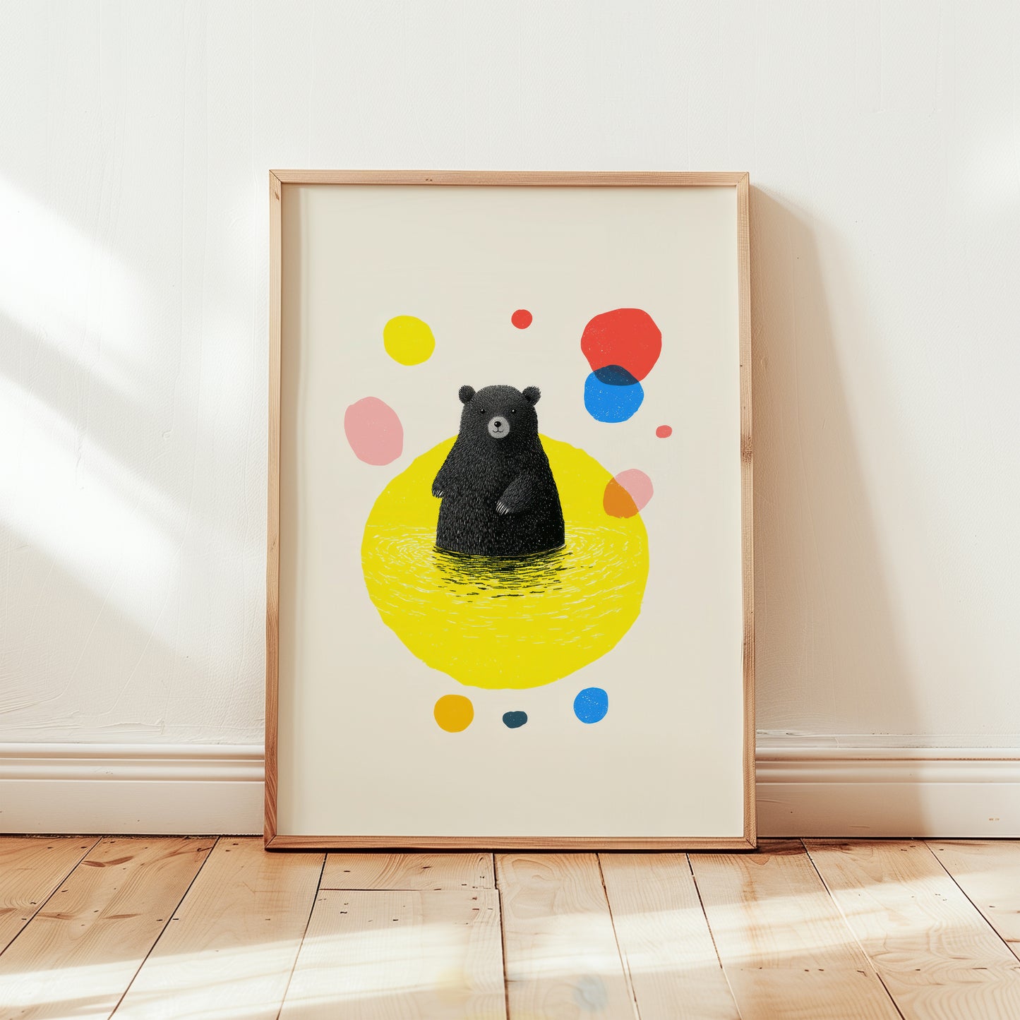 Modern bear nursery wall art print featuring minimalist black bear illustration with colourful abstract shapes.