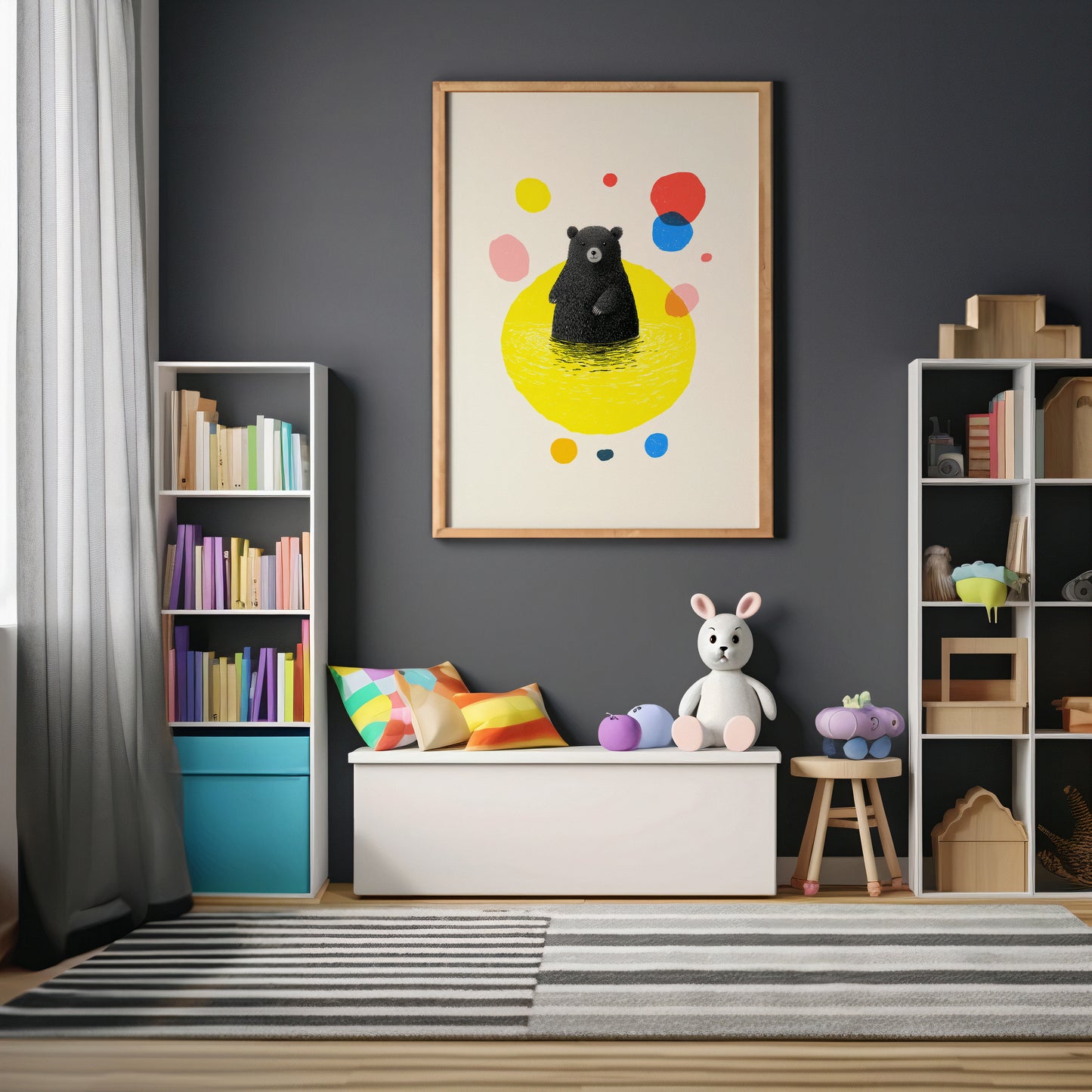 Scandinavian style kids Bear nursery wall art print displayed in wooden frame featuring minimalist black bear illustration with colourful abstract shapes.