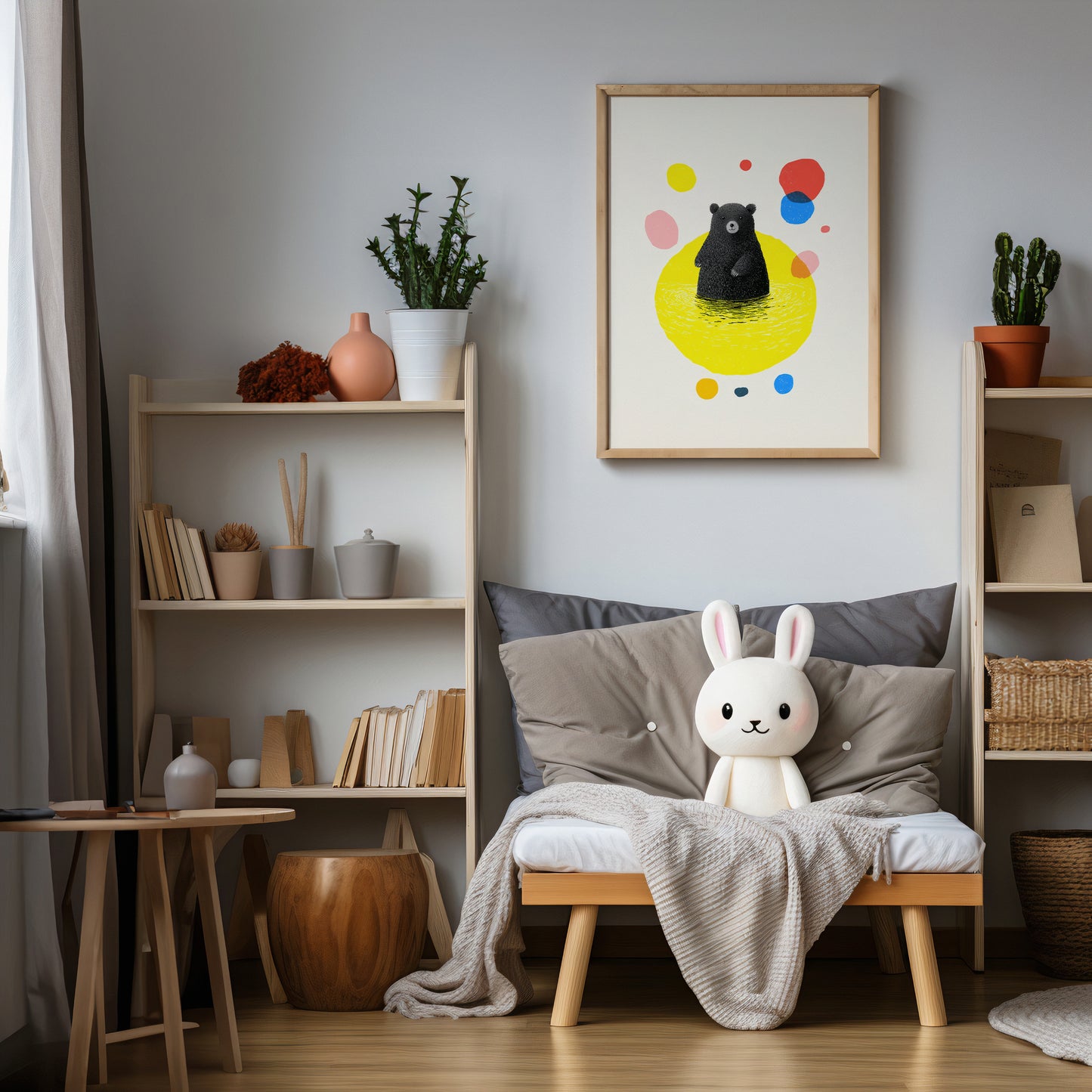 Cozy living room with a bench, plush toy, and colourful  abstract wall art.