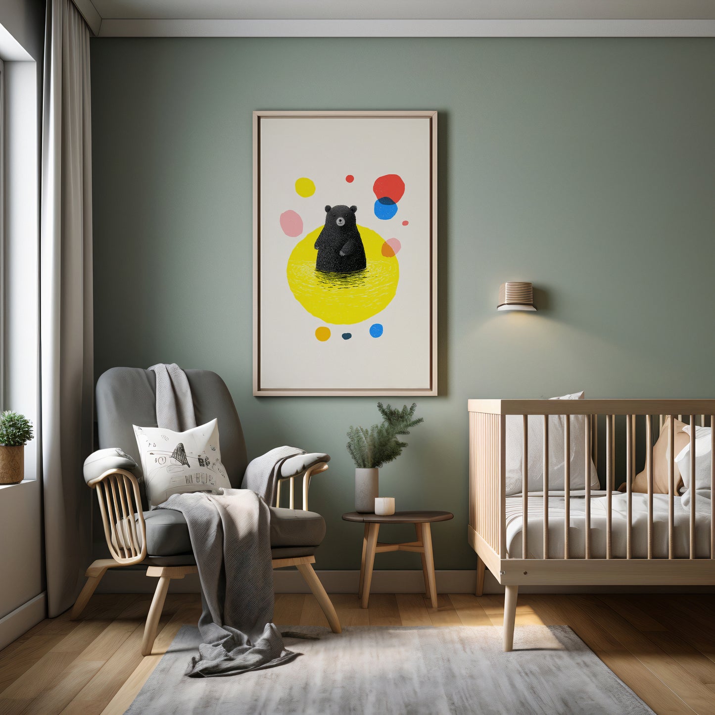 Cool scandi style Nursery room with a crib, armchair, and colorful wall art.