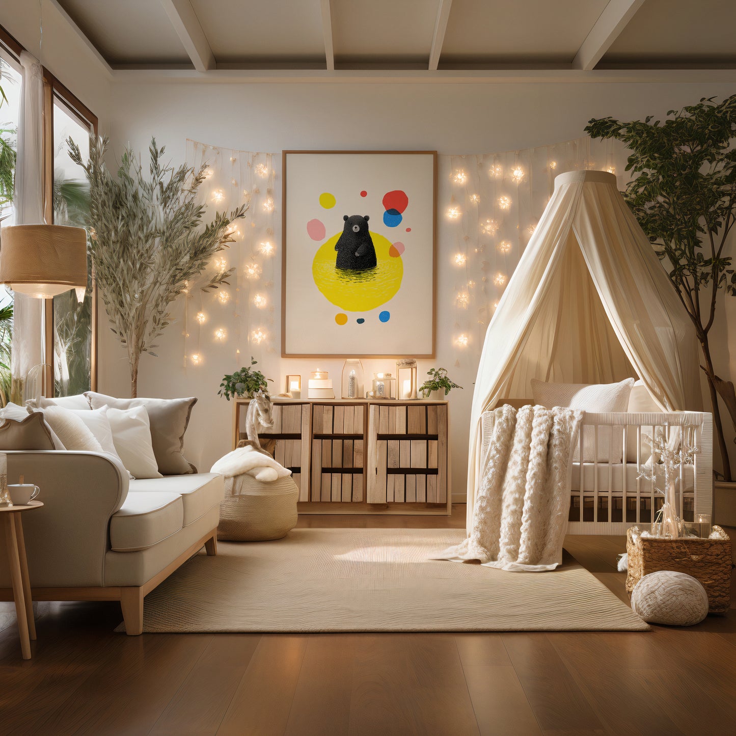 Scandinavian style children's bedroom, with a modern abstract posterof a black bear standing on a yellow circle with colourful abstract shapes