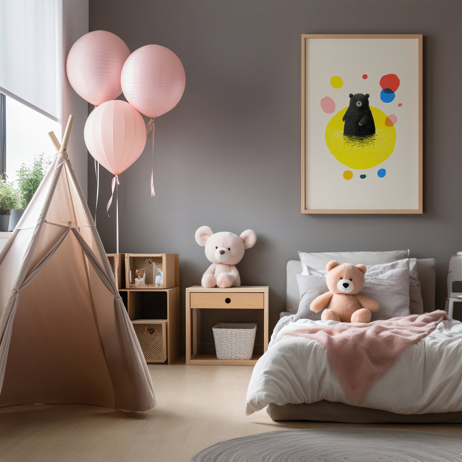 Modern bear nursery wall art with colourful abstract shapes. In a modern sacadi style girls room .
