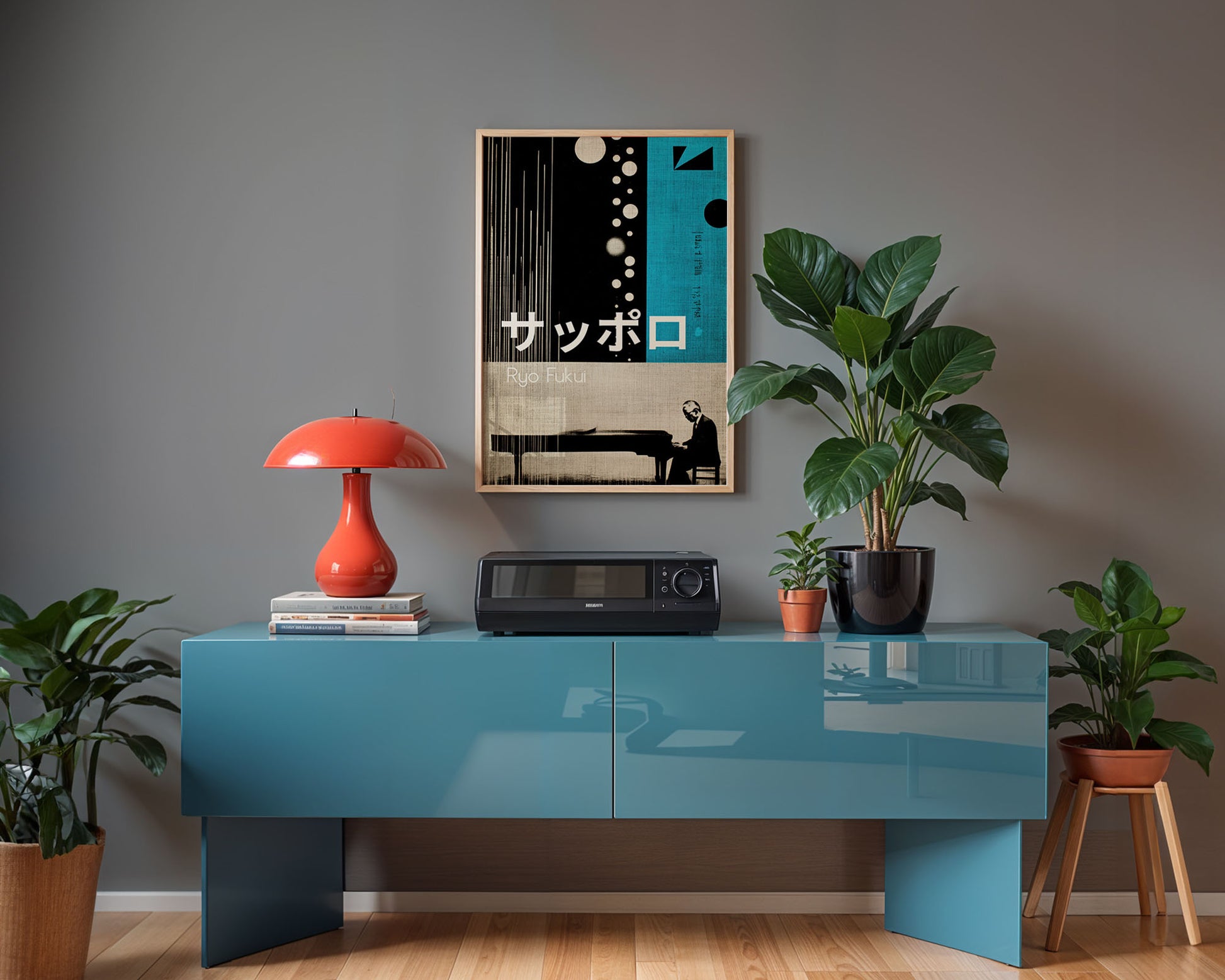 Colourful mid-century style poster adding bold accent to modern home interior