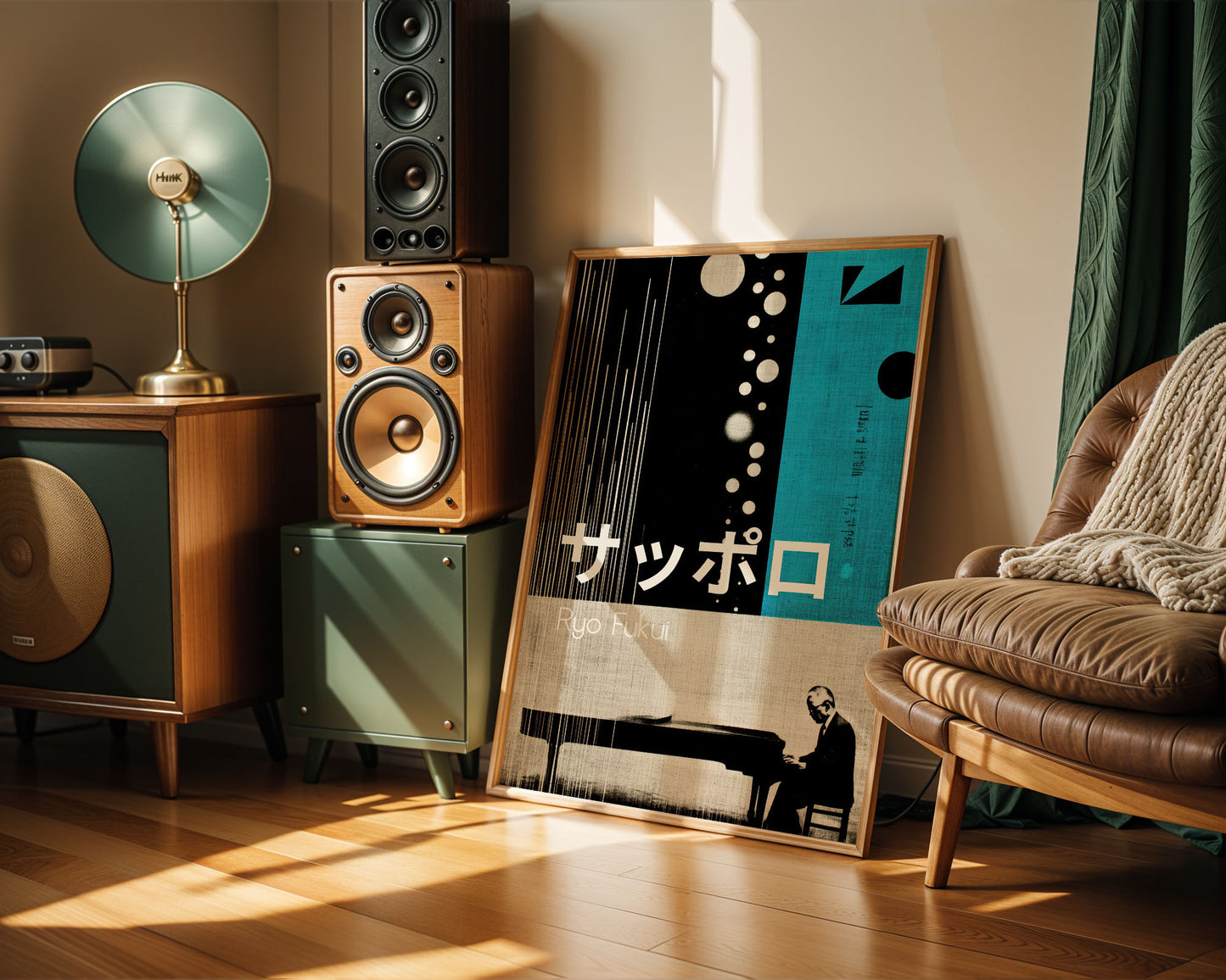 Room interior with speakers, a lamp, a poster on the wall, and a couch.