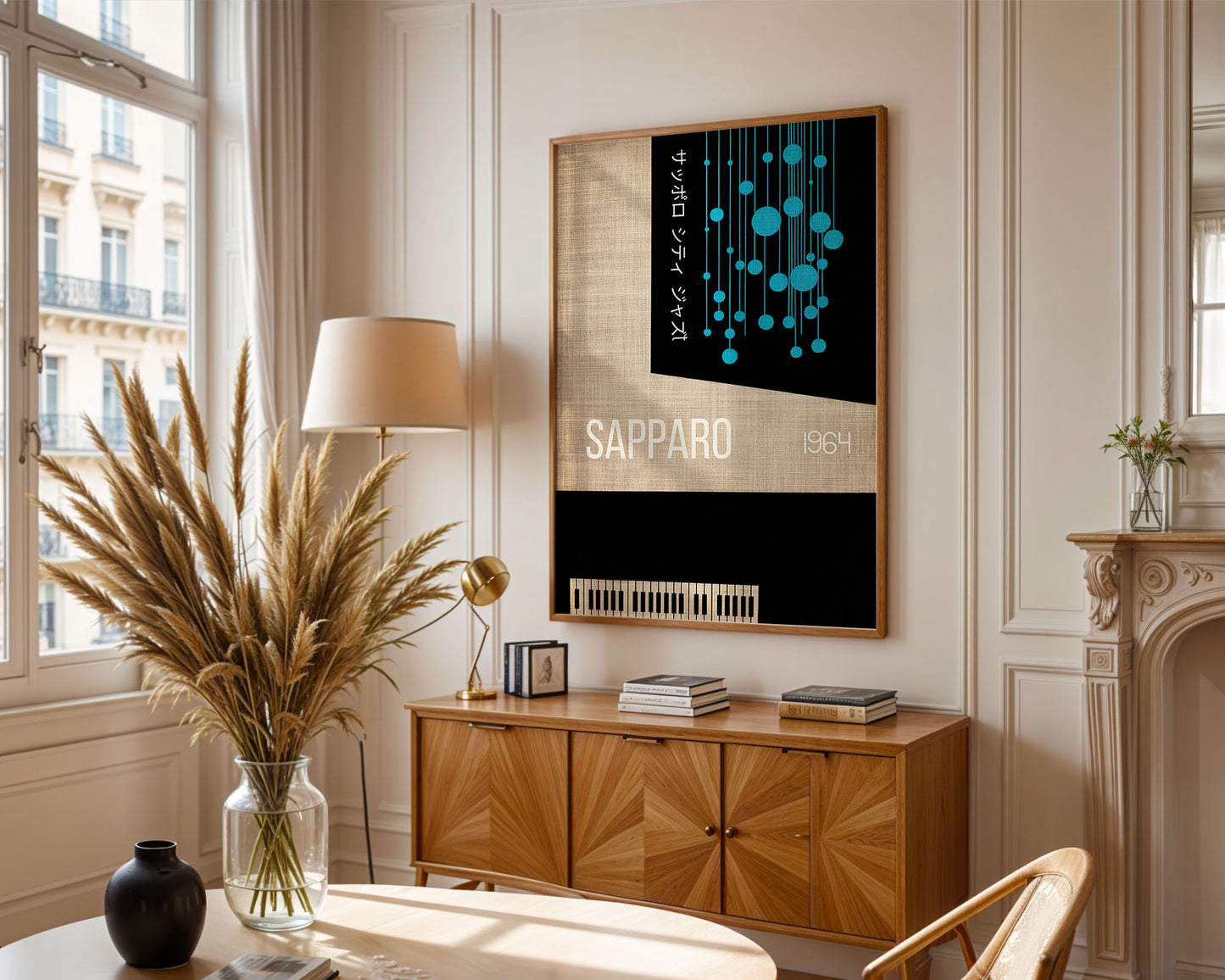 Mid-century modern poster styled in clean Scandinavian inspired living space