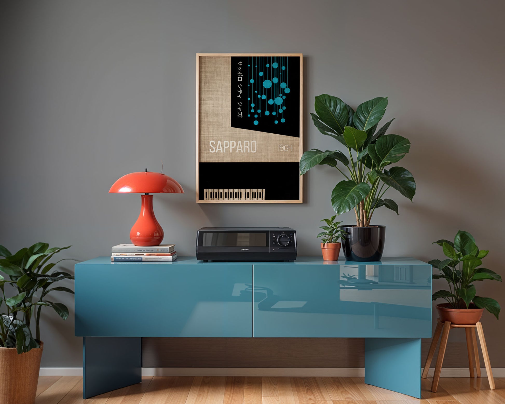 Colourful mid-century style poster adding bold accent to modern home interior