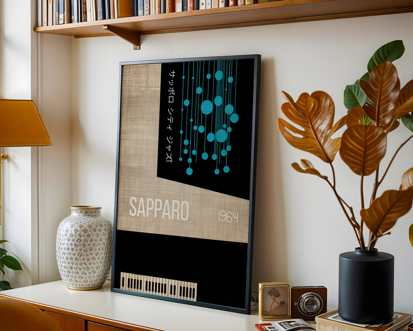 Mid-century modern Sapporo jazz wall art in Japanese style with blue geometric graphics and vintage 1964 typography
