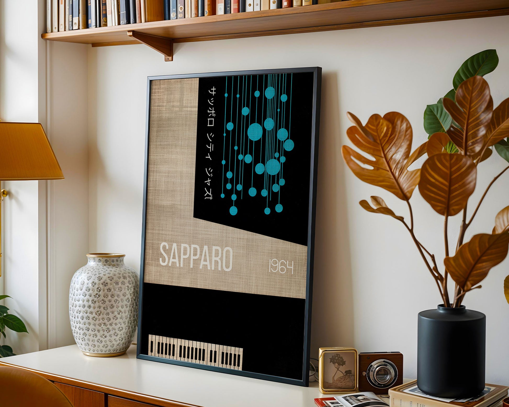 Mid-century modern Sapporo jazz wall art in Japanese style with blue geometric graphics and vintage 1964 typography
