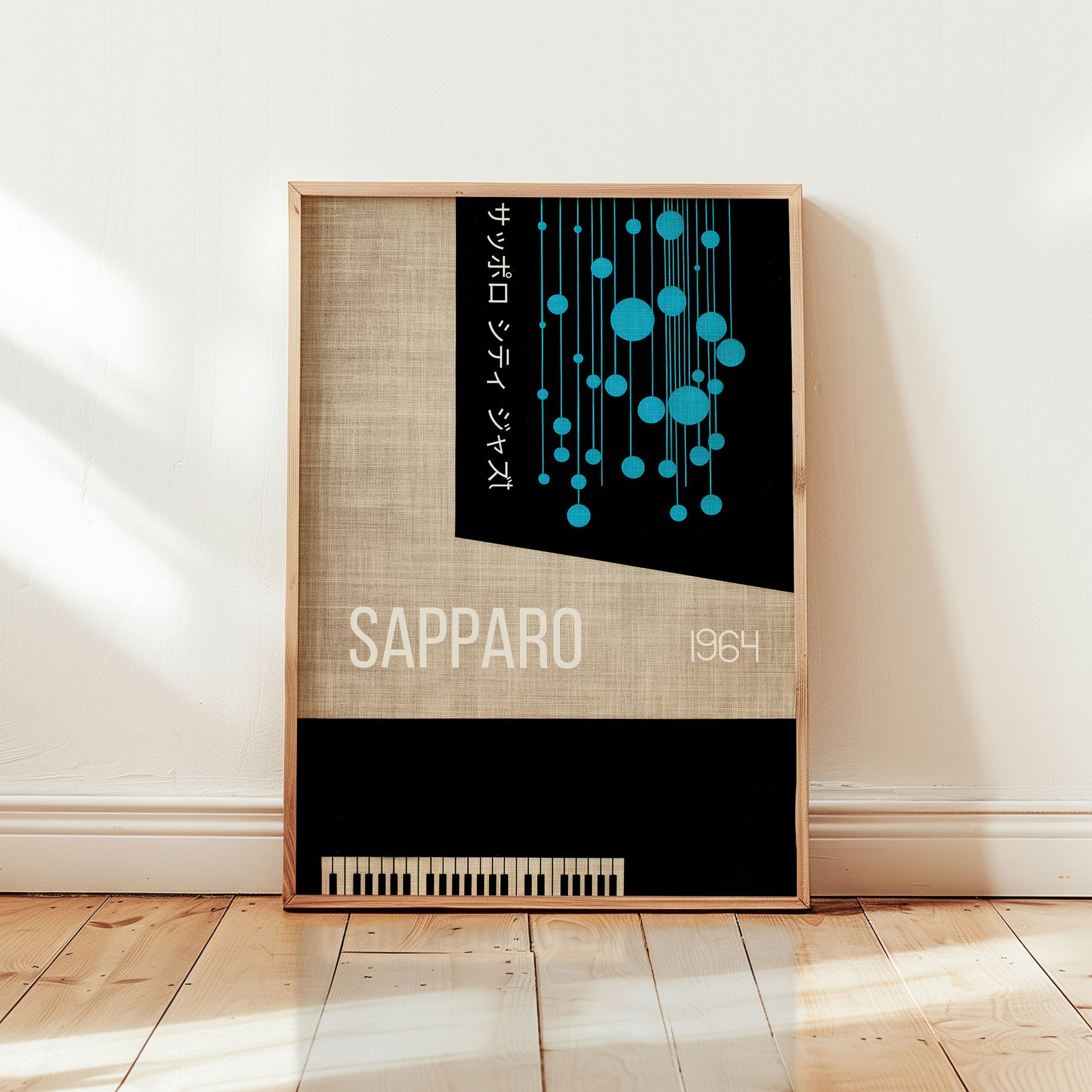 Sapporo 1964 jazz festival wall art featuring Japanese modernist design with minimalist piano and blue geometric accents from Wallgarde
