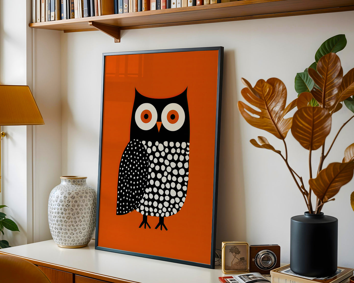Orange and black owl illustration in a cozy modern living room . 