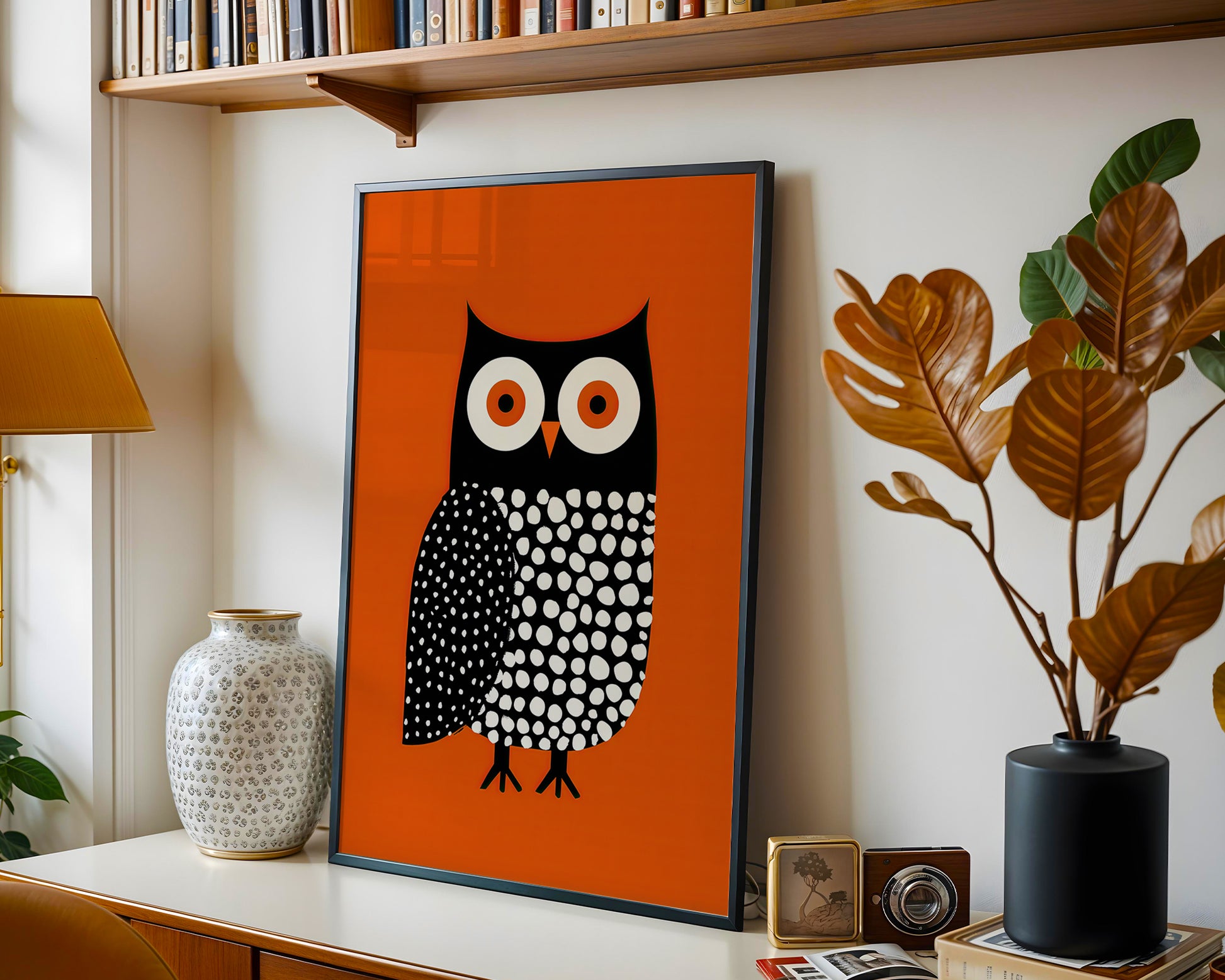 Orange and black owl illustration in a cozy modern living room . 
