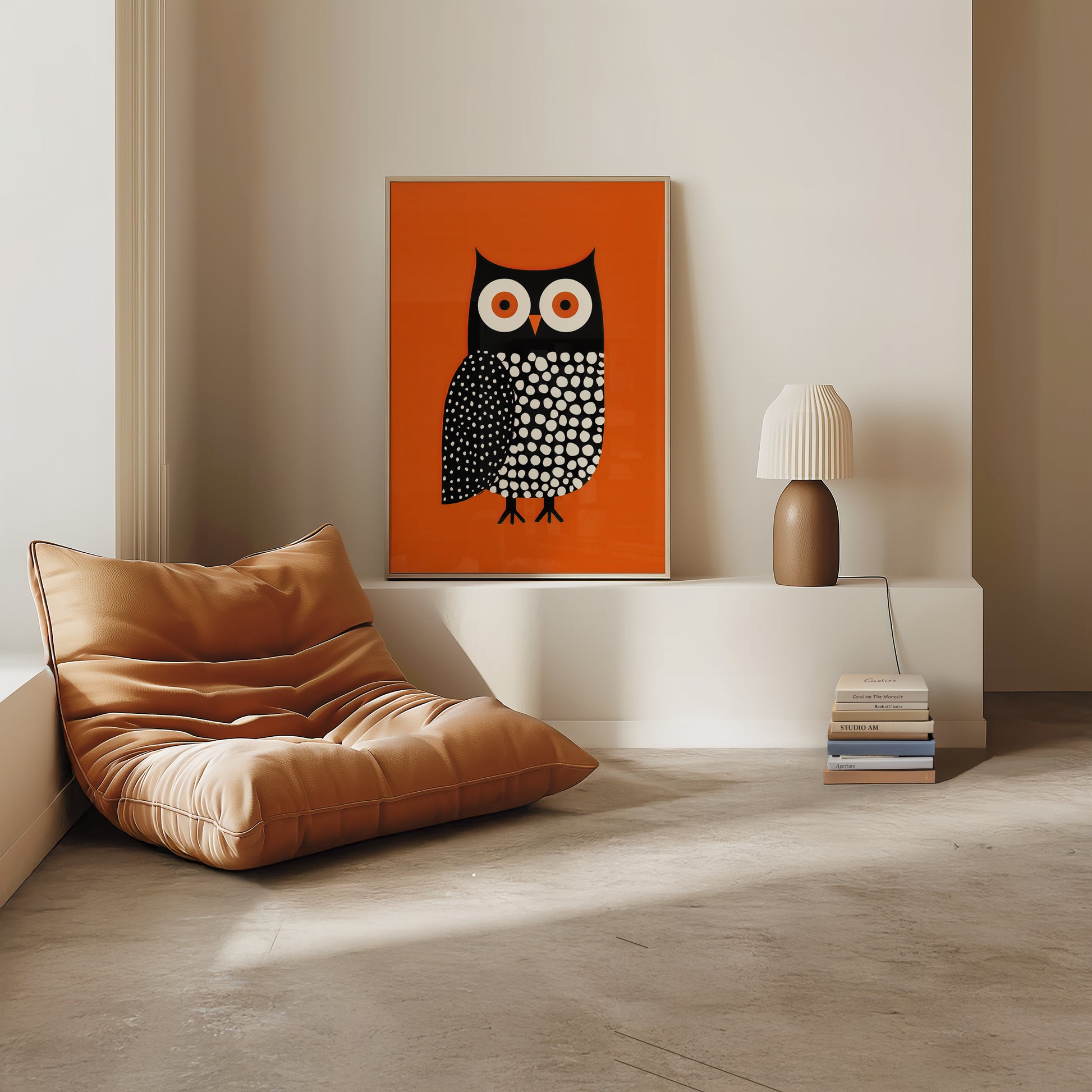 Scandinavian style owl poster in minimalist scandi summer house. 