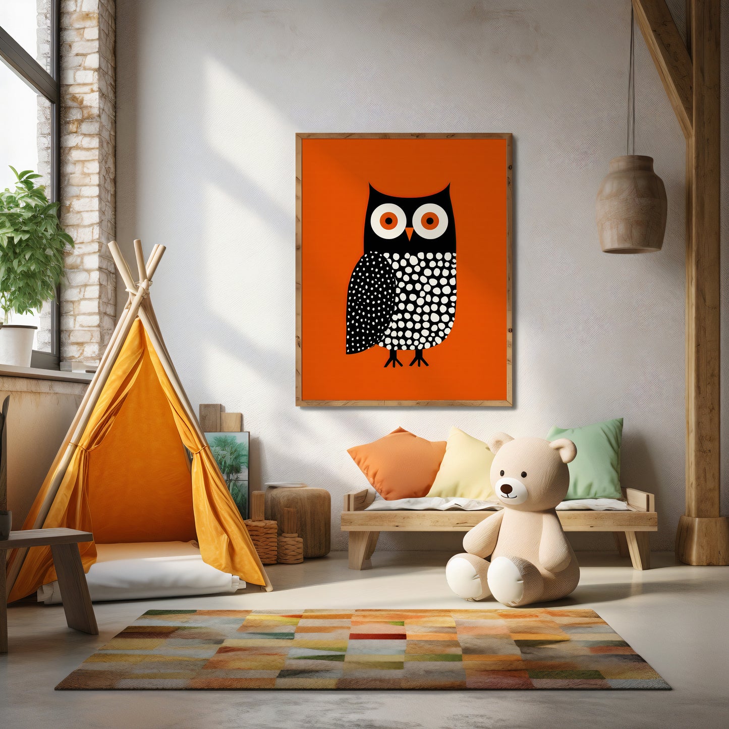 Modern Nordic owl wall art in a swedish nursery ,kids room.