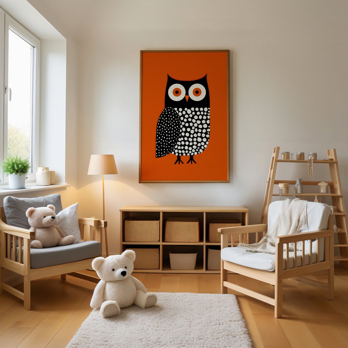 Framed orange owl art print in wooden frame, bold graphic illustration in a cozy Scandinavian childrens bedroom .