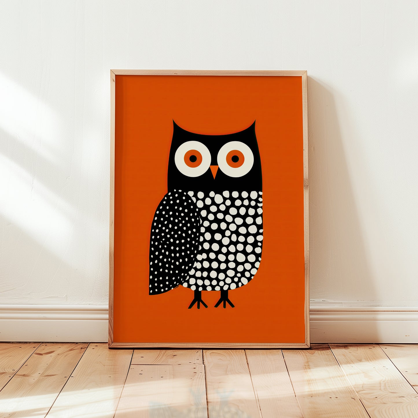 Framed orange owl art print in wooden frame, bold Scandinavian graphic illustration with black and white dot pattern on burnt orange background