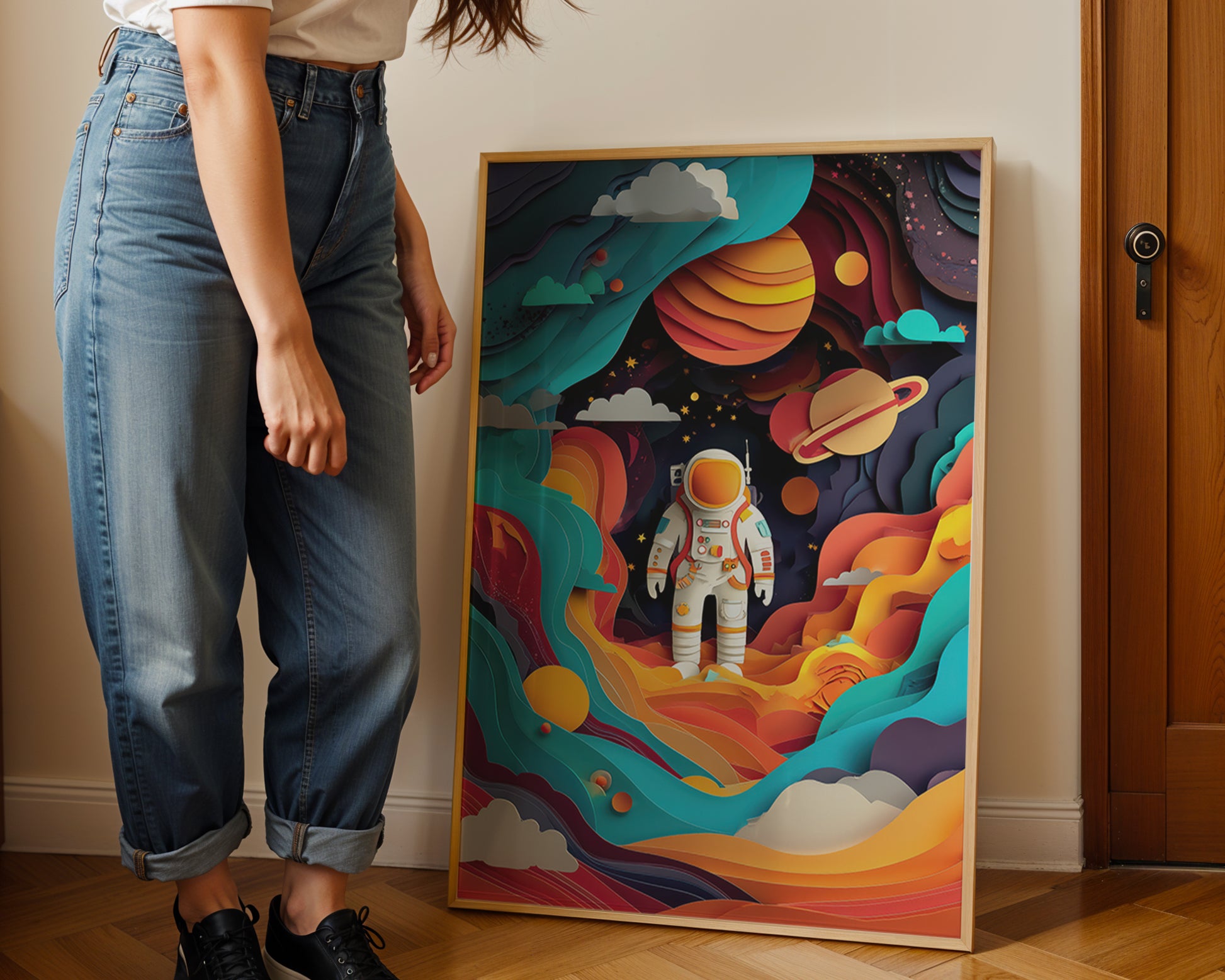 Person standing next to a colorful abstract painting of an astronaut in space.