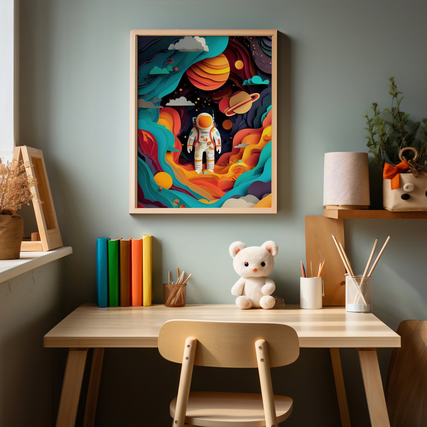Colorful framed artwork of an astronaut on a wall above a child's desk with books and a teddy bear.