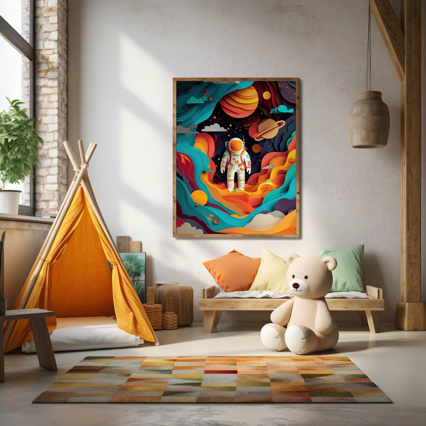 Colorful abstract painting of an astronaut in a child's room with a teepee, rug, and teddy bear.