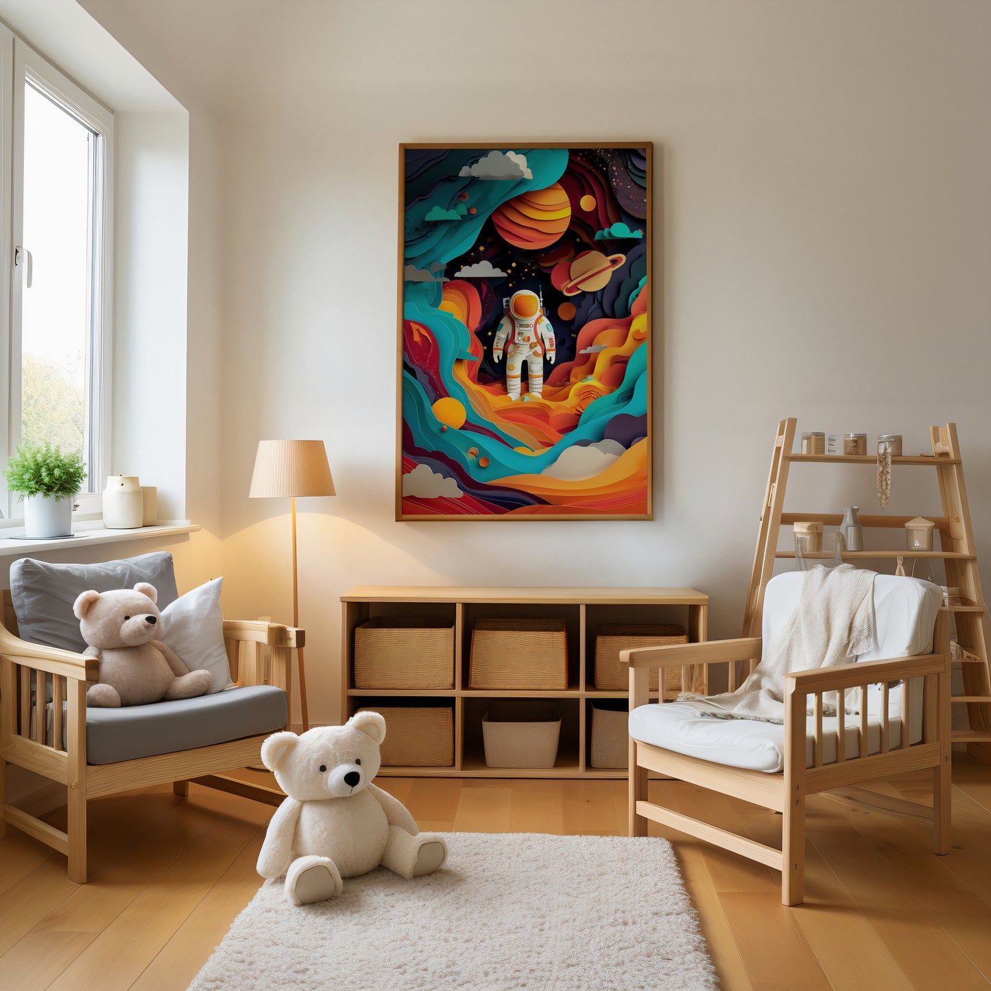 astronaut nursery wall art print with planets and space illustration.