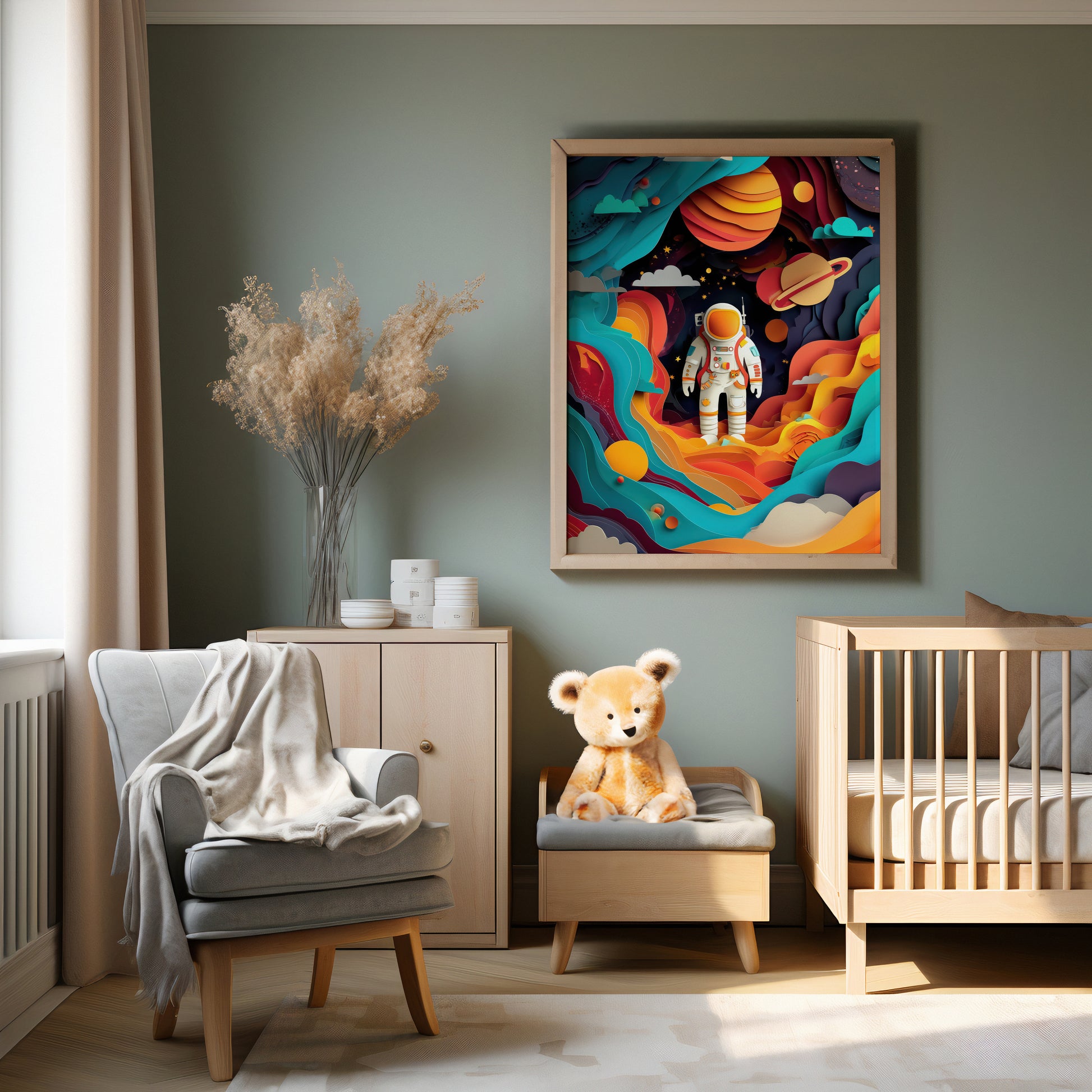 Nursery room with a colorful space-themed wall art, teddy bear, and wooden crib.