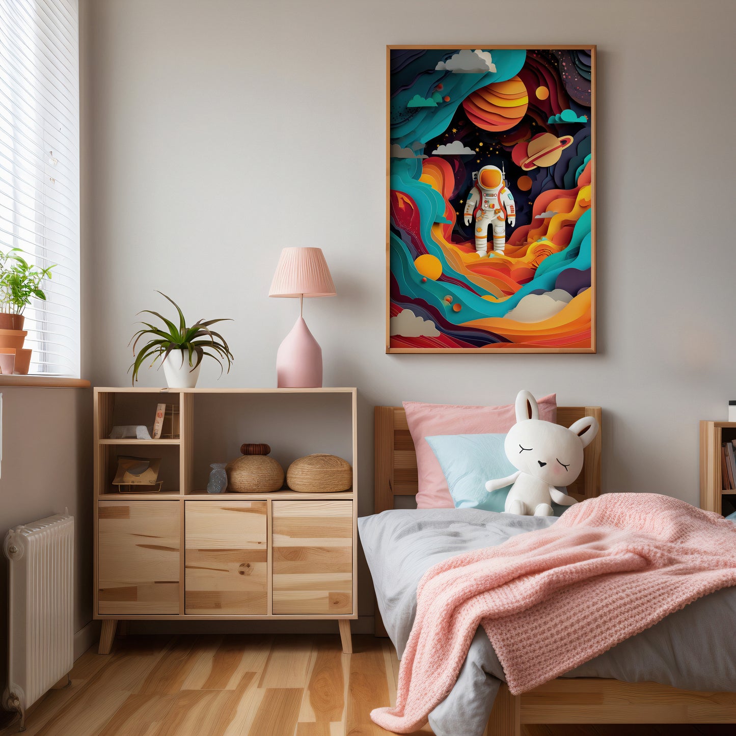 Children's bedroom with a colorful space-themed poster on the wall, wooden shelf, and bed with pink blanket and white plush toy.