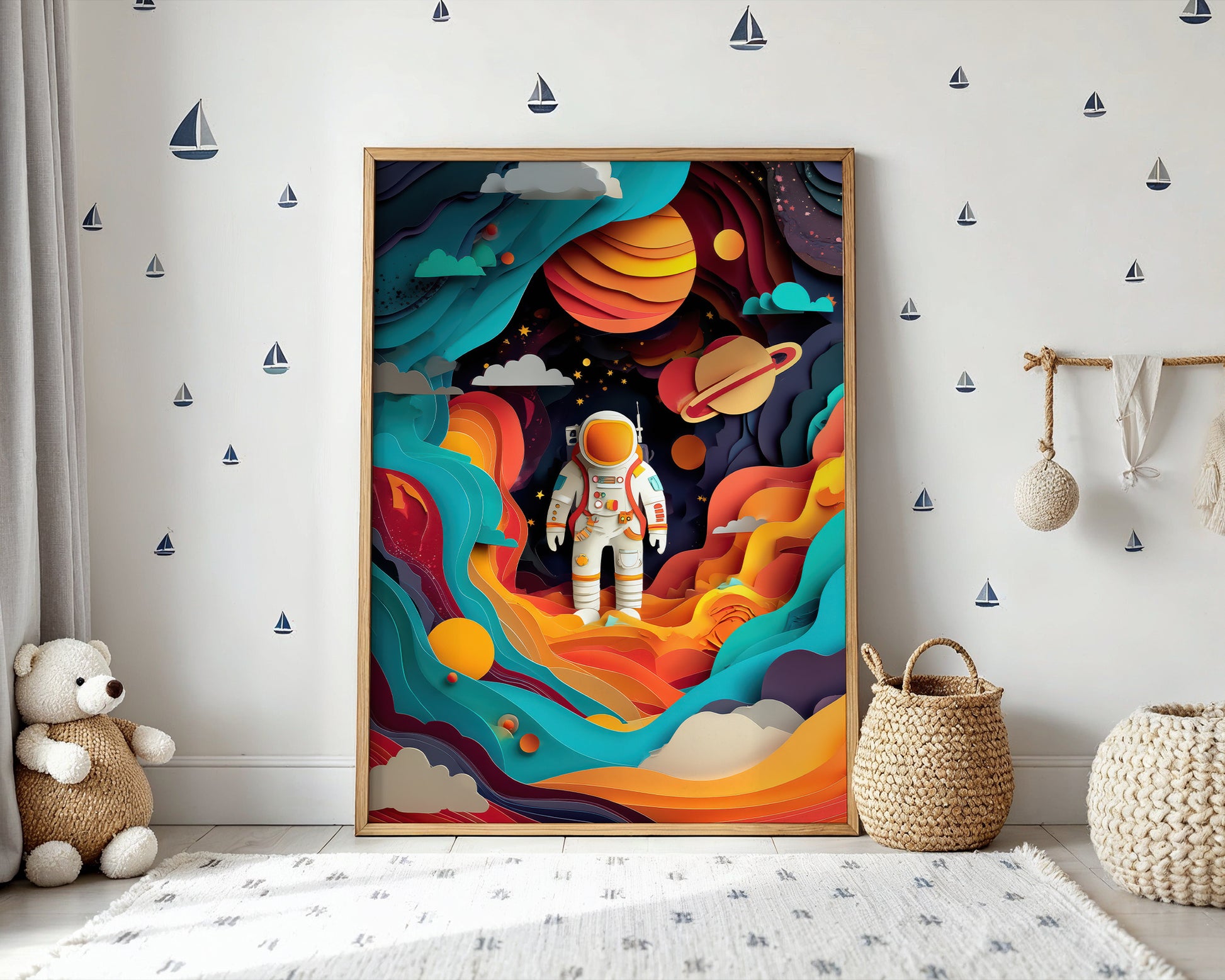Colorful space-themed poster with an astronaut in a child's room.