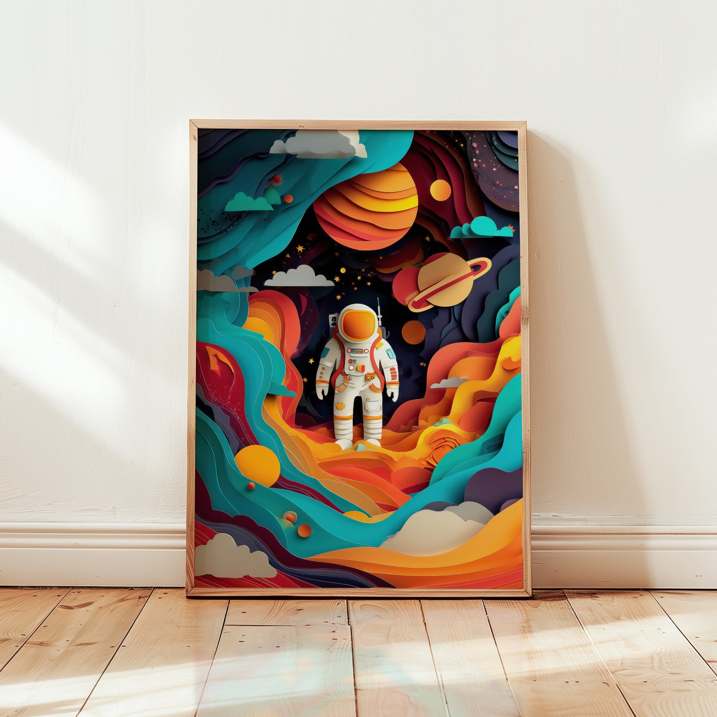 Colourful astronaut nursery wall art print featuring playful space scene with planets, clouds and layered paper-cut illustration.