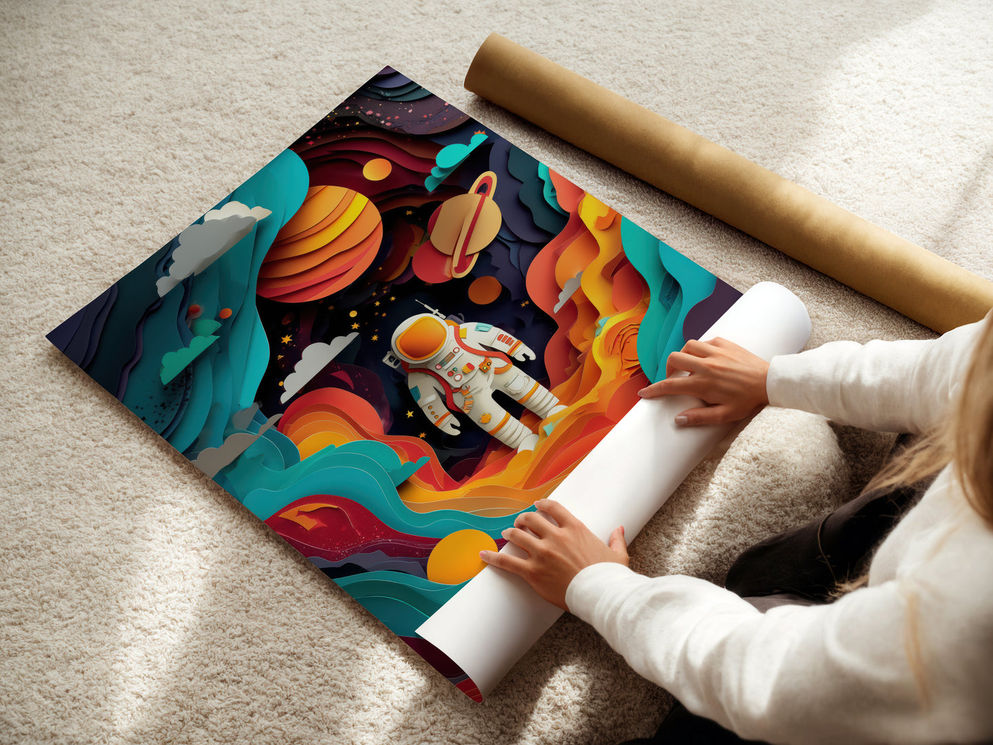 Person unrolling a colorful space-themed poster on a carpeted floor