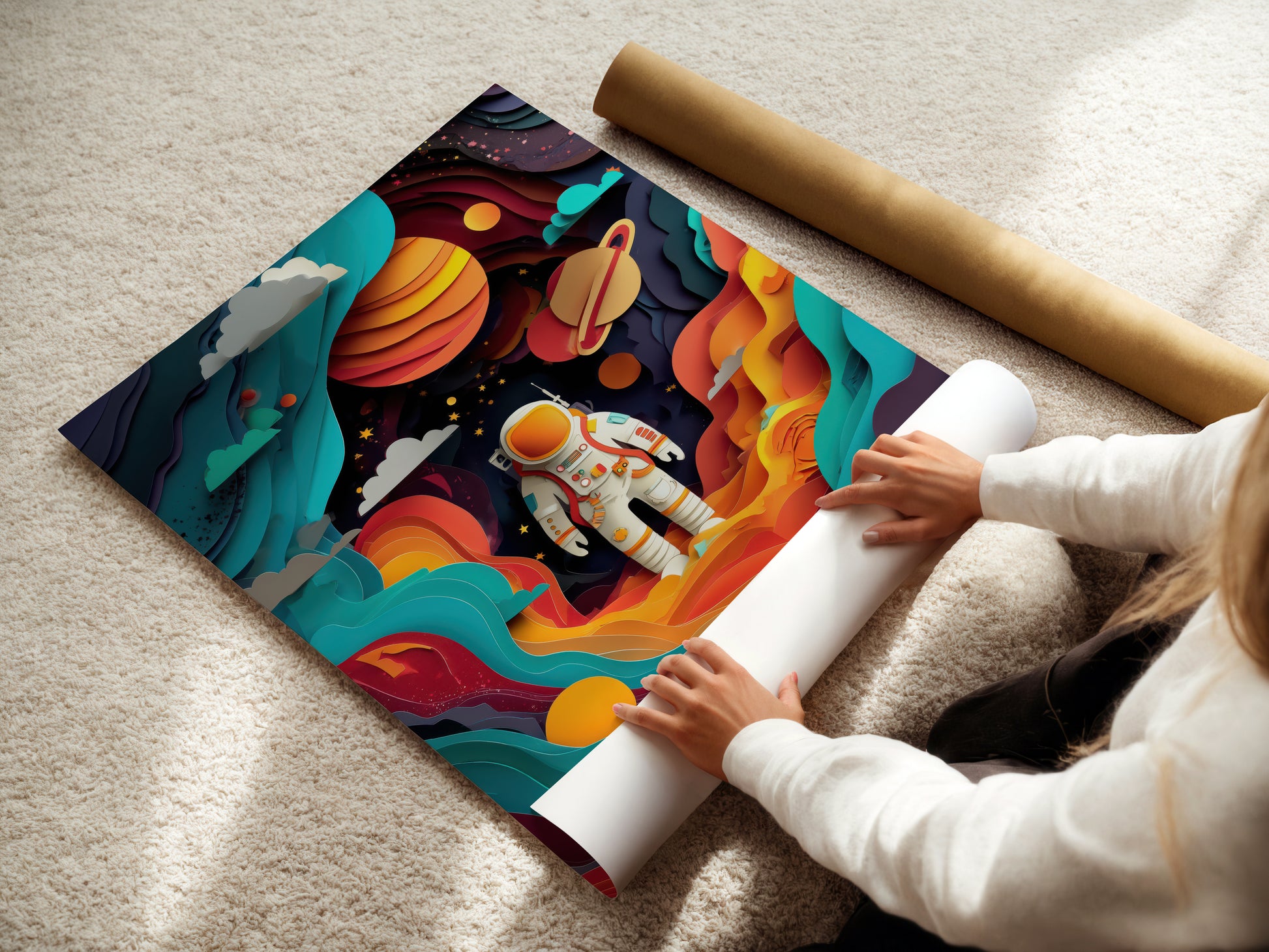 Person unrolling a colorful space-themed poster on a carpeted floor