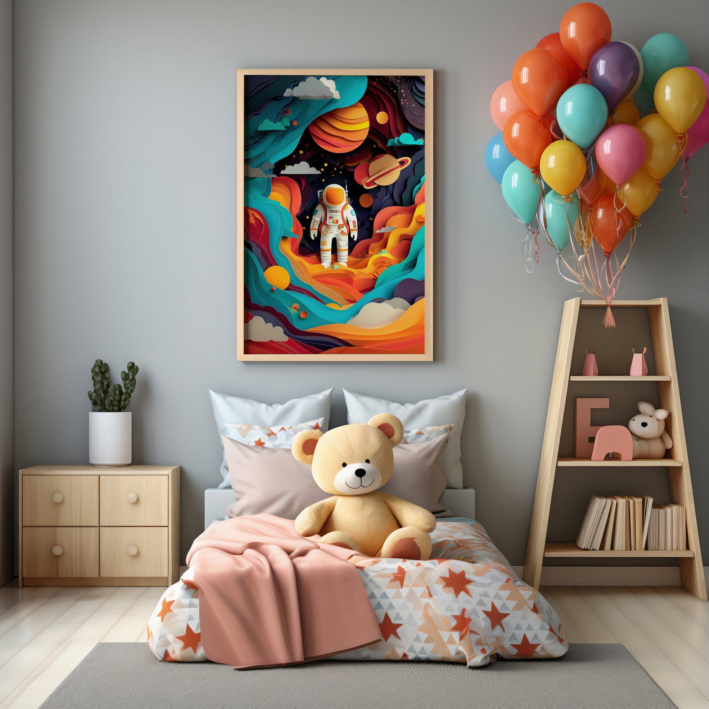Children's bedroom with a teddy bear on a bed, colorful balloons, and a vibrant space 
astronaut painting.