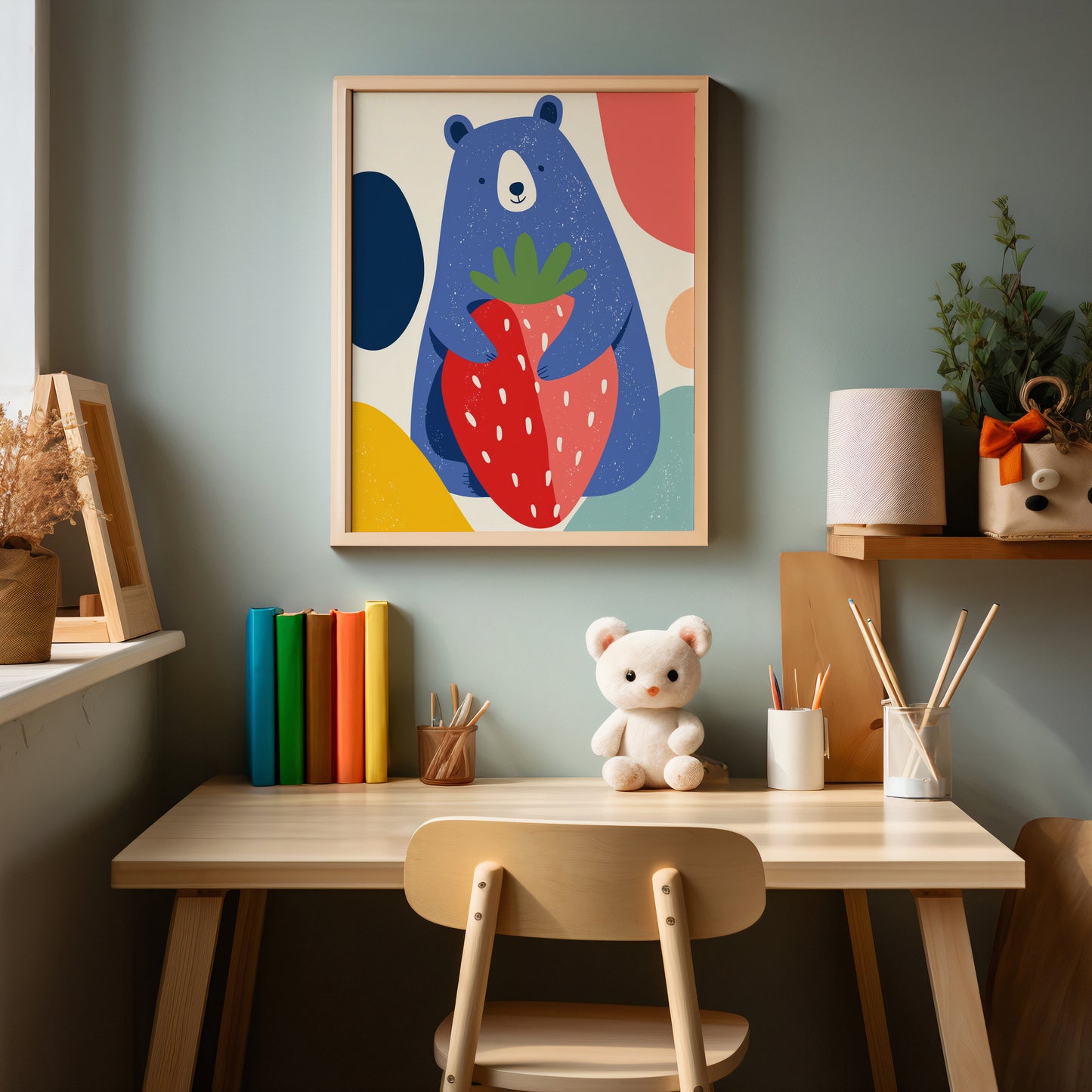 Children's desk with colorful books, a teddy bear, and a framed cartoon bear painting on a green wall.