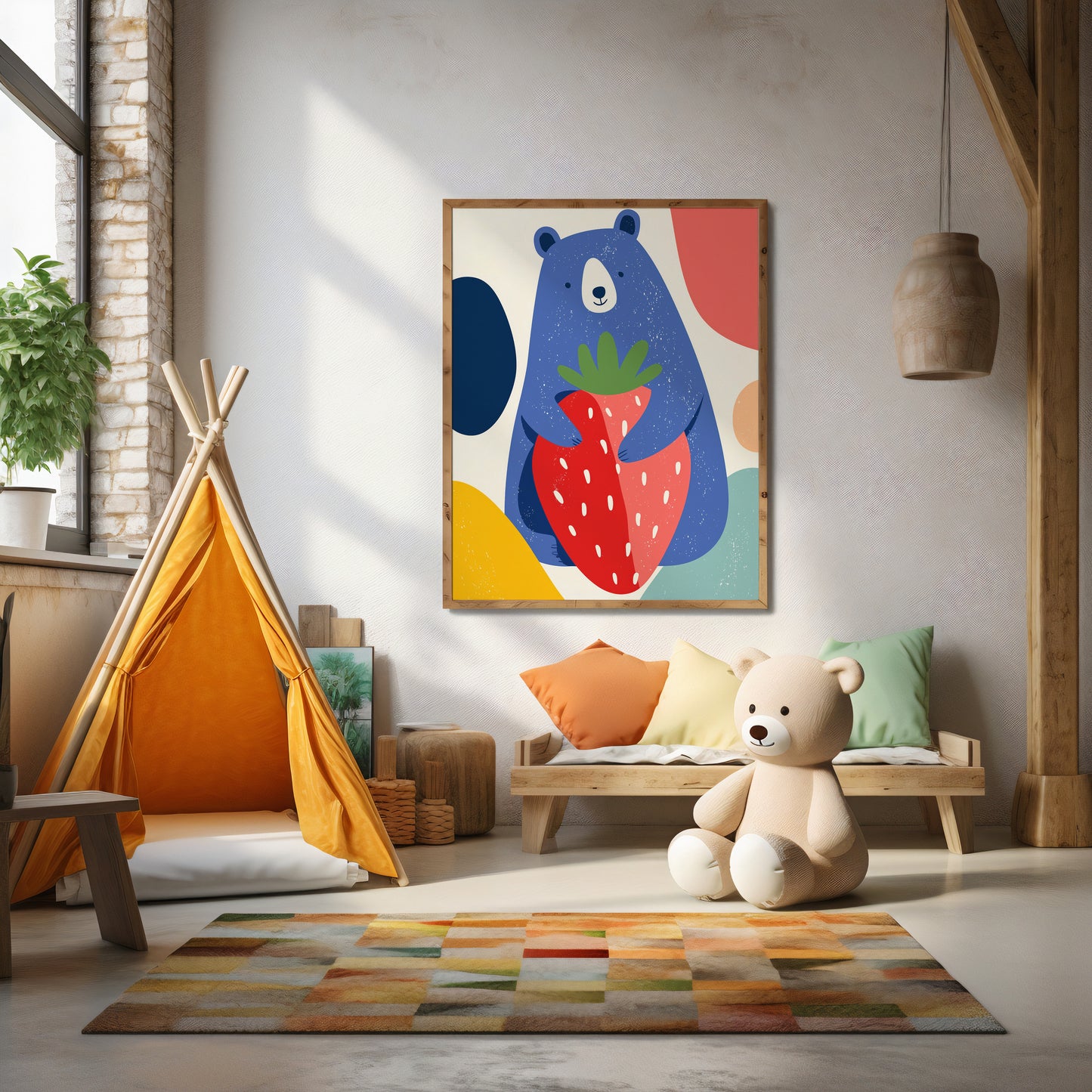 Modern Scandinavian style Children's room with colorful bear painting, teepee, and teddy bear.