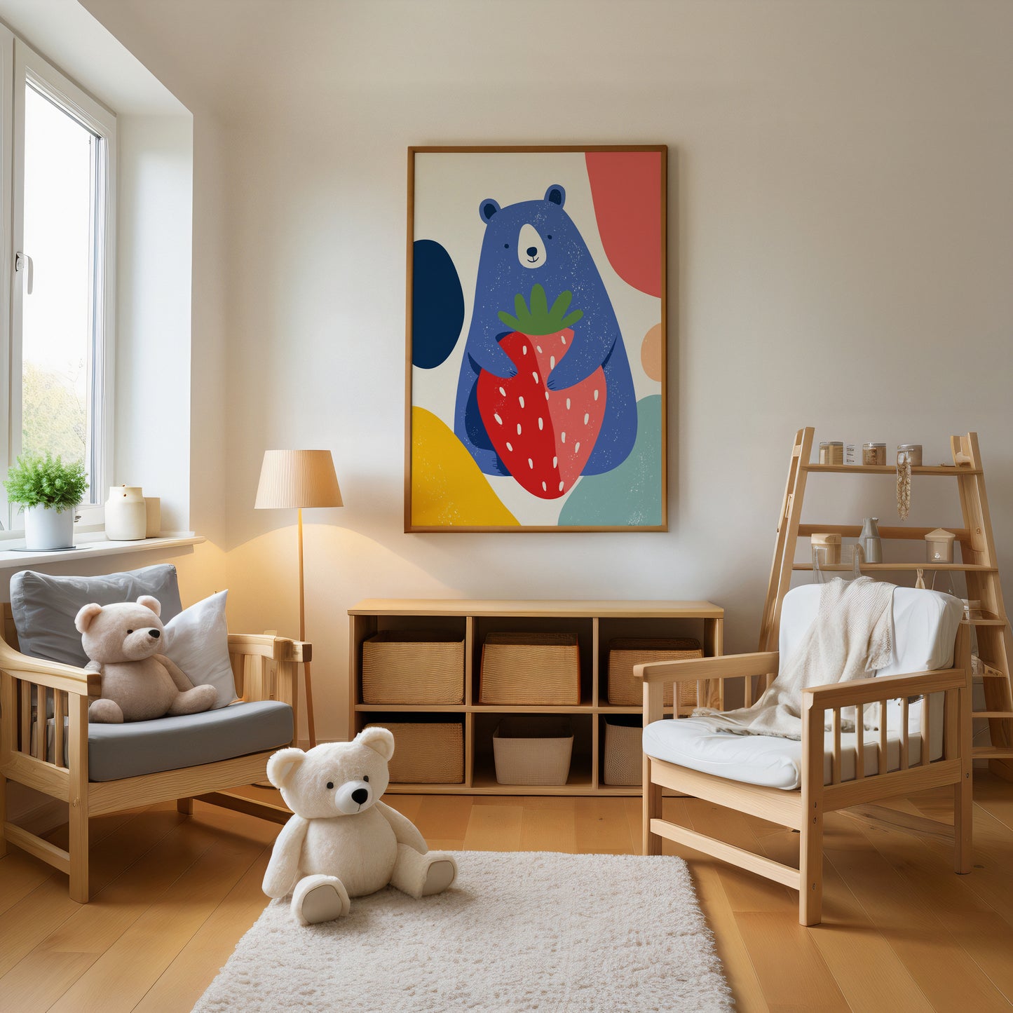 Gender neutral  room with wooden furniture, teddy bears, and a colorful abstract painting on the wall.