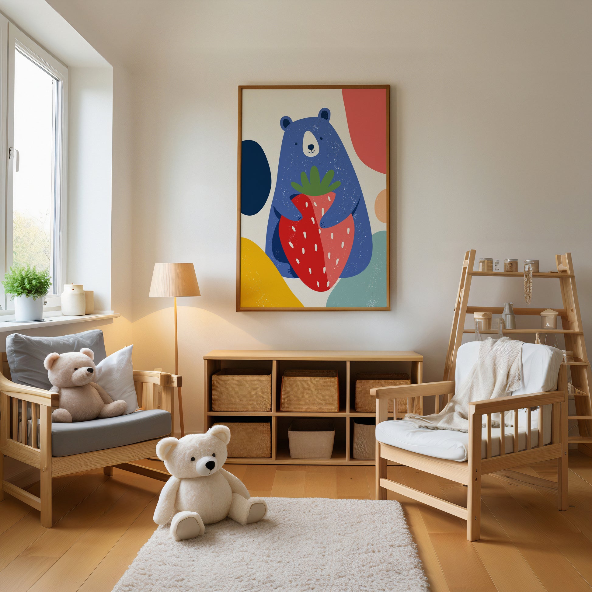 Gender neutral  room with wooden furniture, teddy bears, and a colorful abstract painting on the wall.