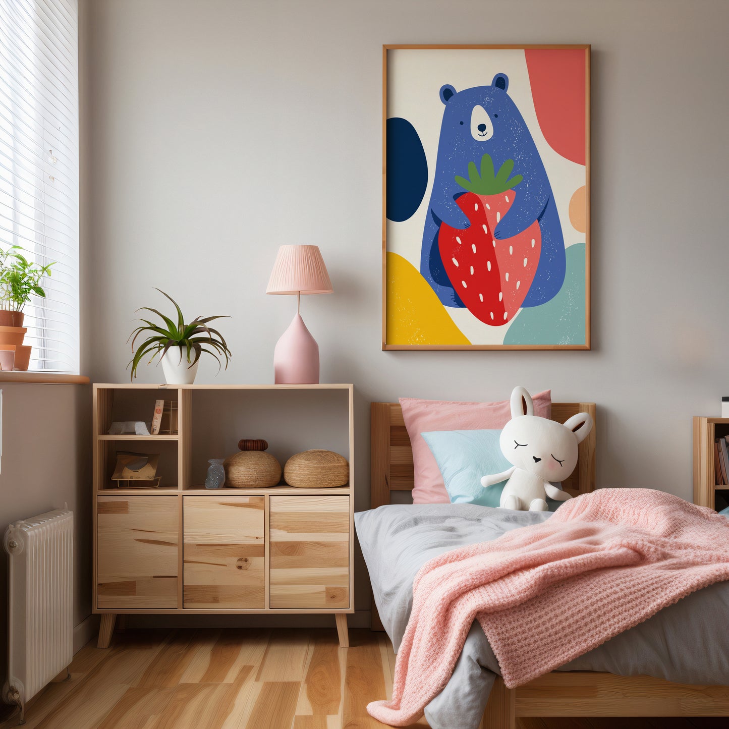 Girls s bedroom with wooden furniture, colorful wall art, and a pink lamp.