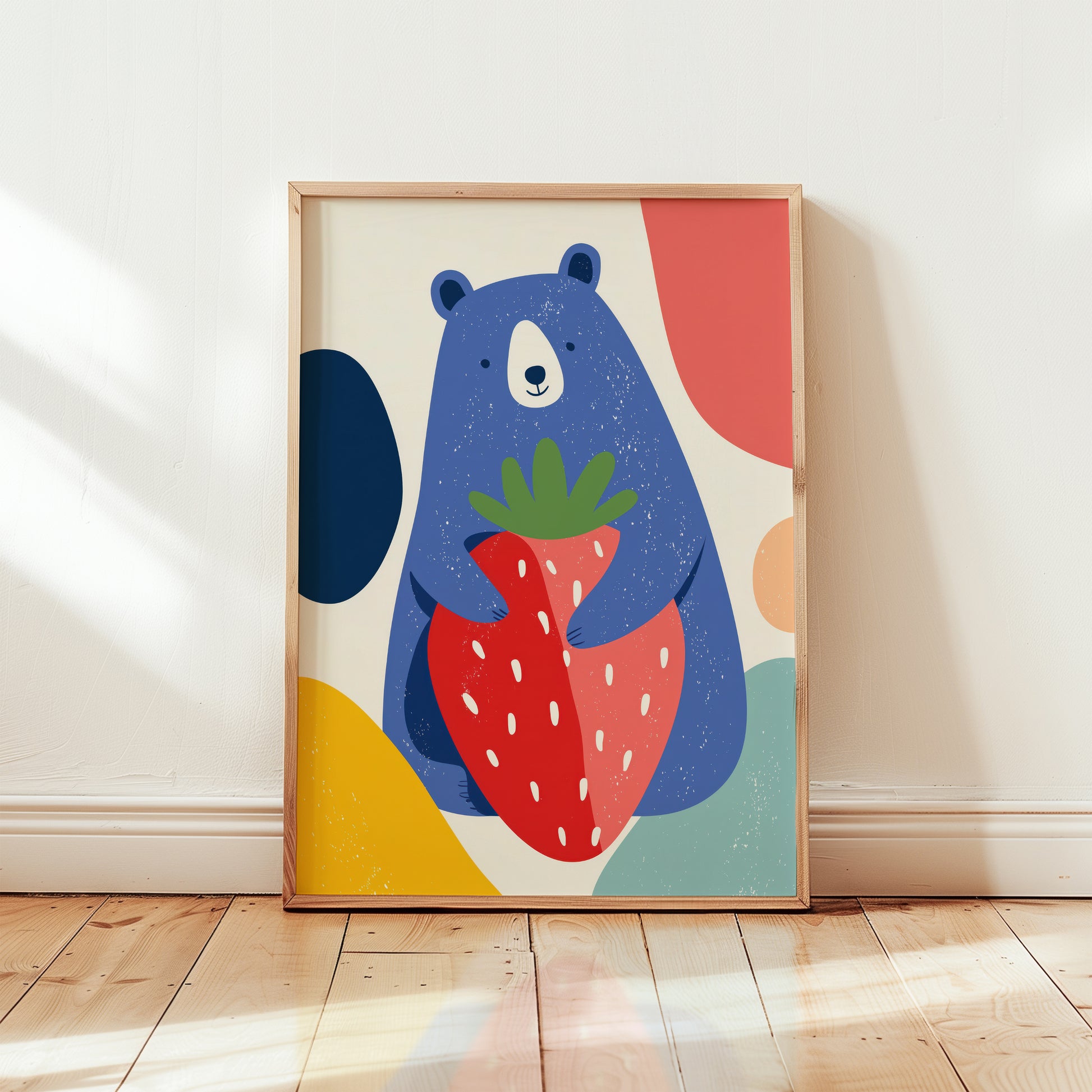 Colourful bear nursery wall art print featuring playful blue bear holding a large strawberry in modern illustration style.