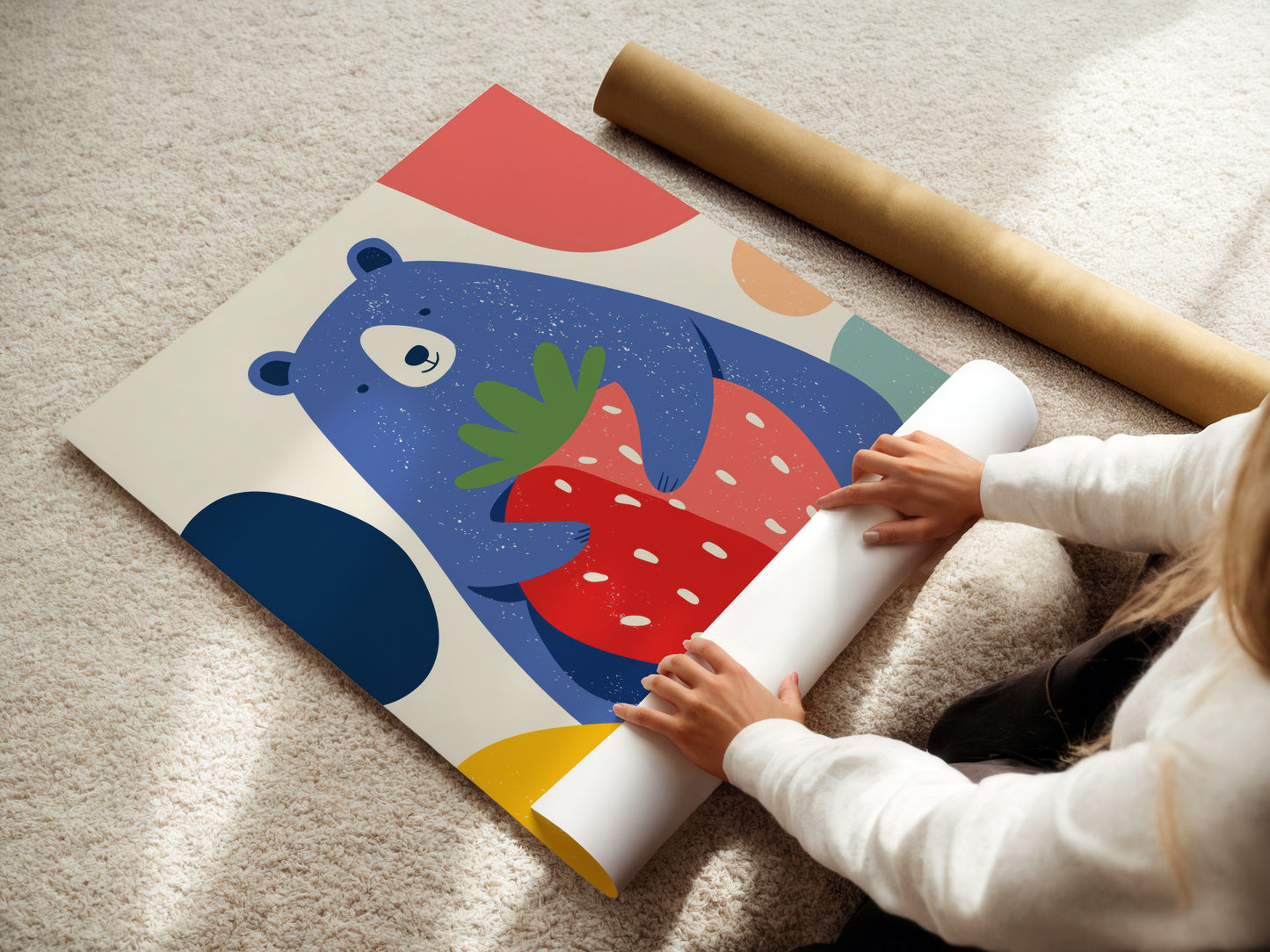 Modern Bear with Strawberry – Nordic Kids Wall Art Print