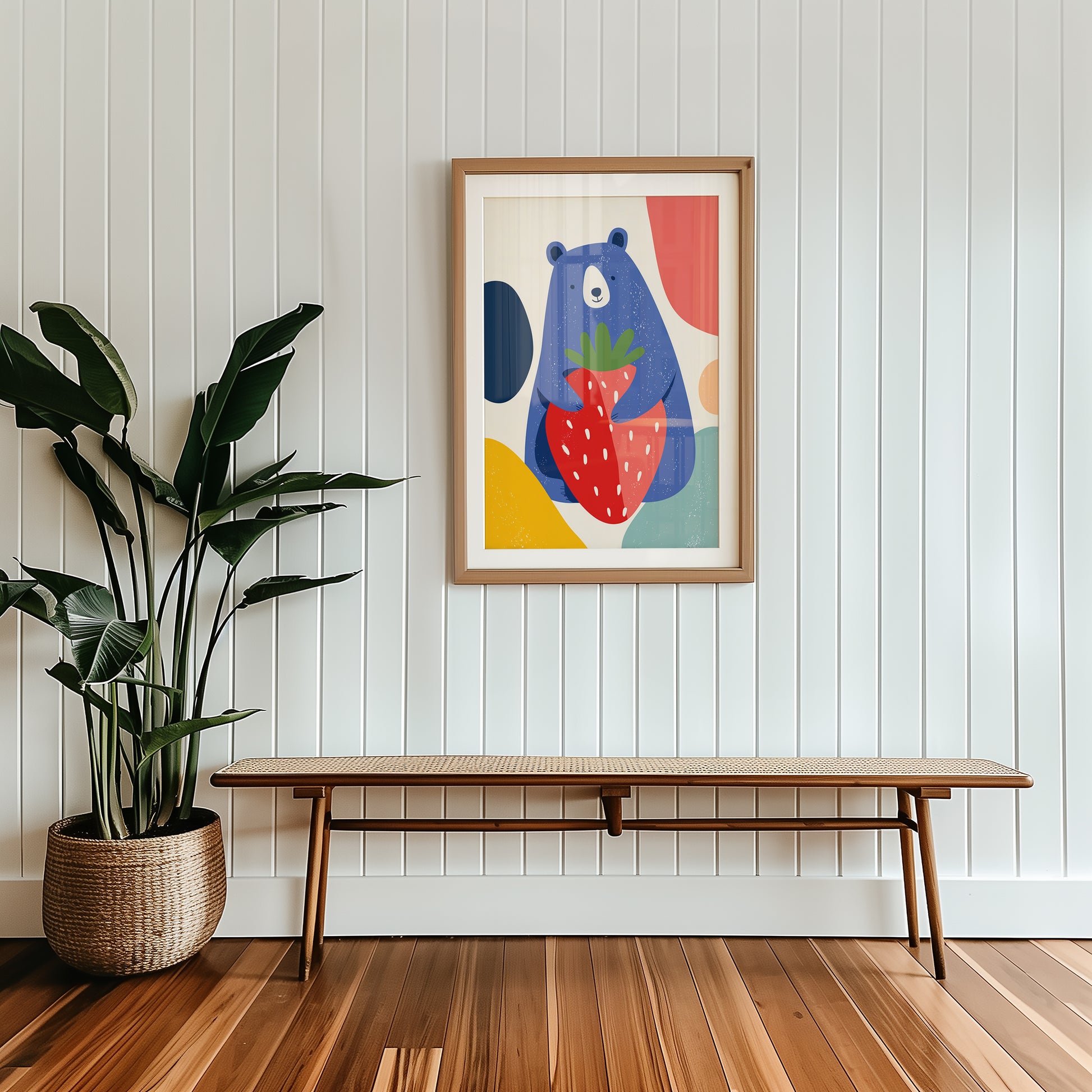 Colorful abstract bear print on a wall above a wooden bench with a plant beside it.