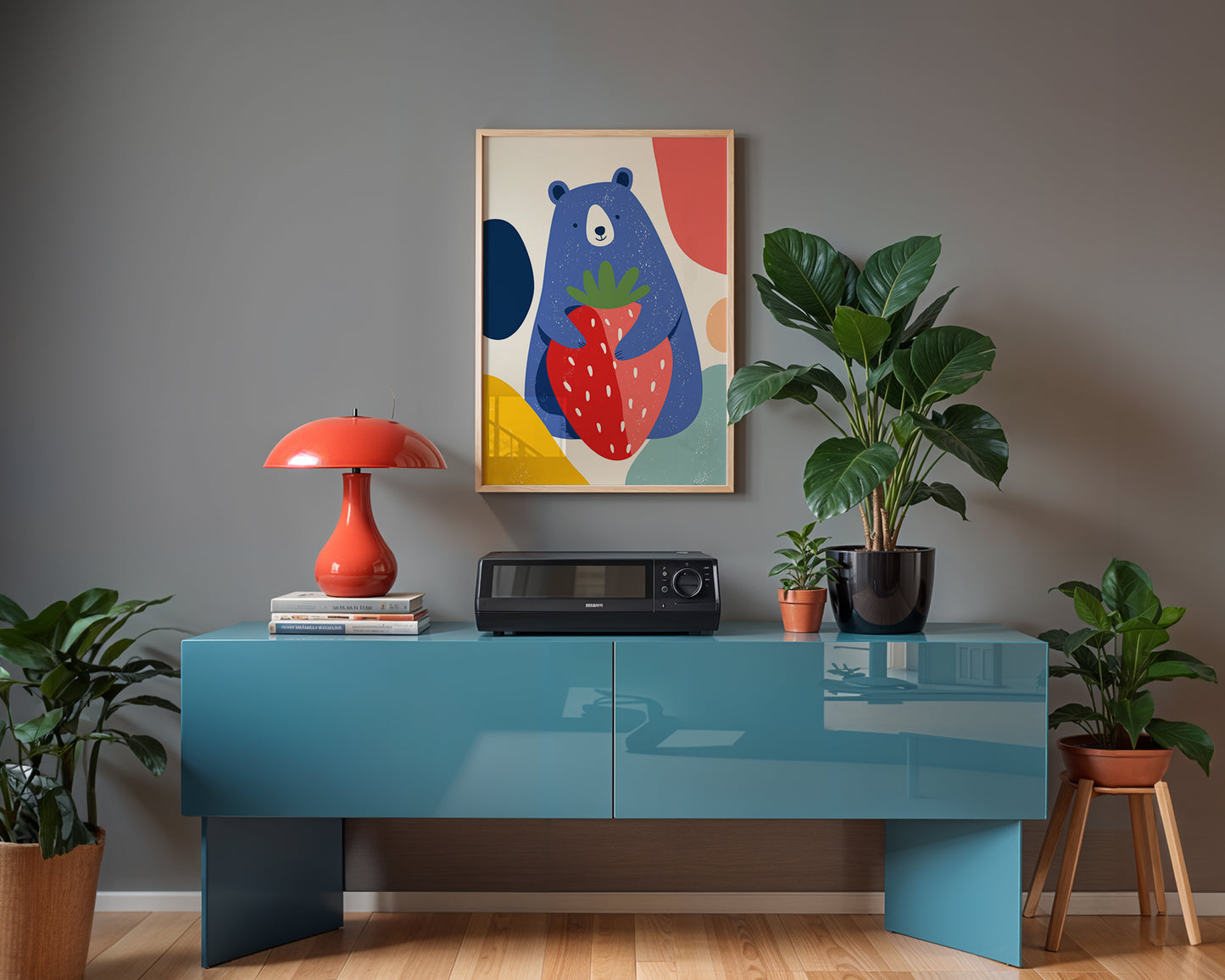 Modern art poster featuring blue bear holding a large strawberry in colourful illustration style.