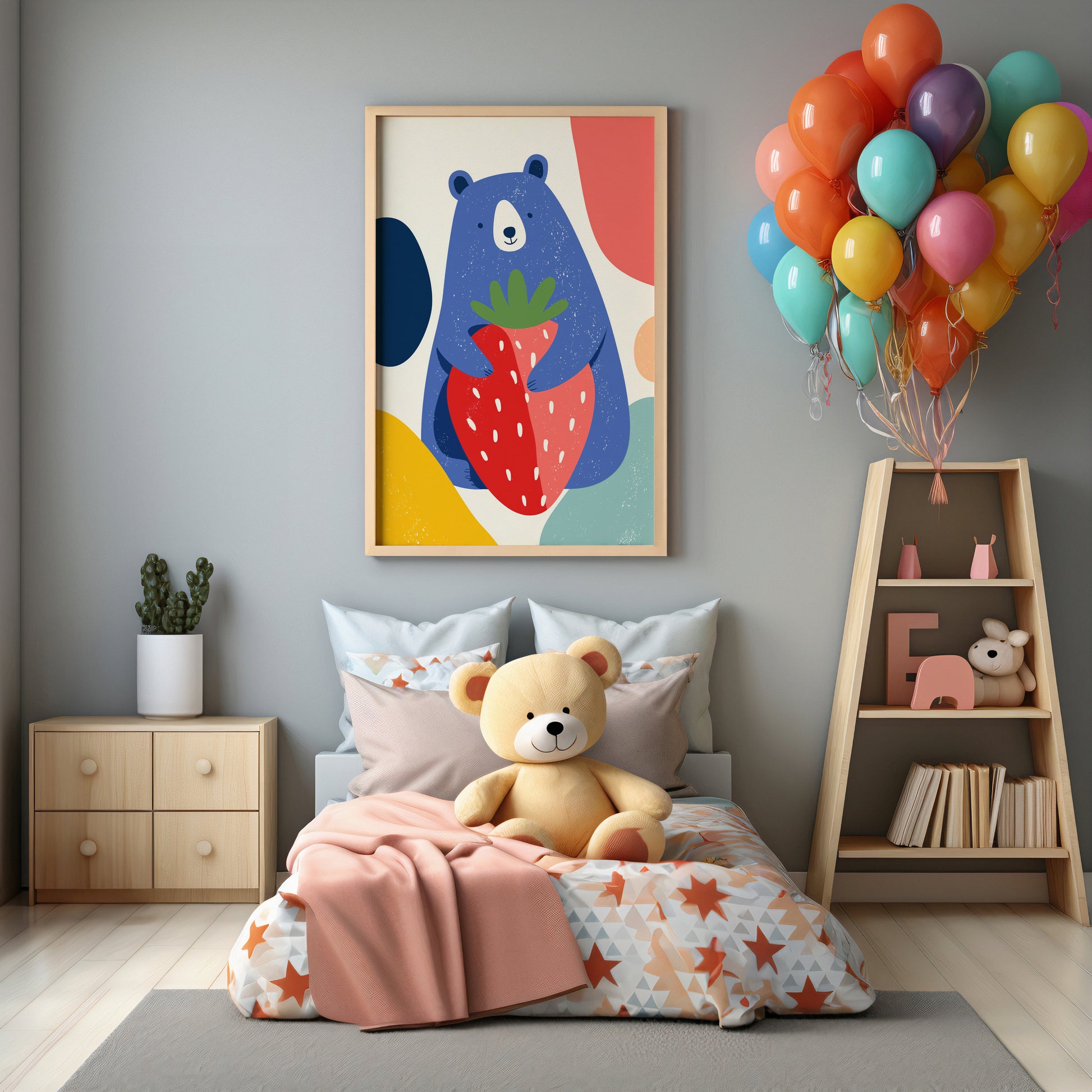 Children's bedroom with a teddy bear on a bed, colorful balloons, and a bear-themed wall art.