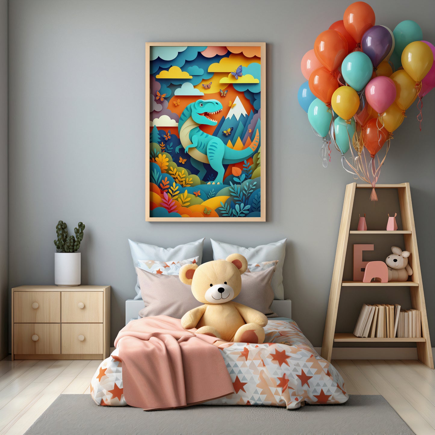Kids room with a colorful dinosaur poster, teddy bear, and balloons.
