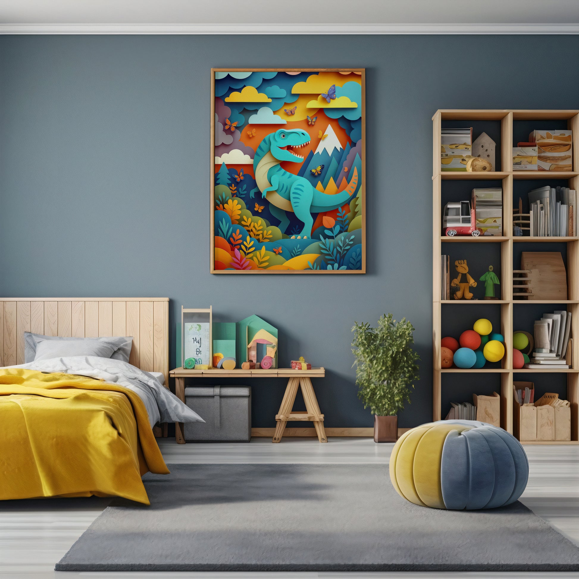 Children's bedroom with a dinosaur-themed wall art, bookshelf, and colorful bedding.