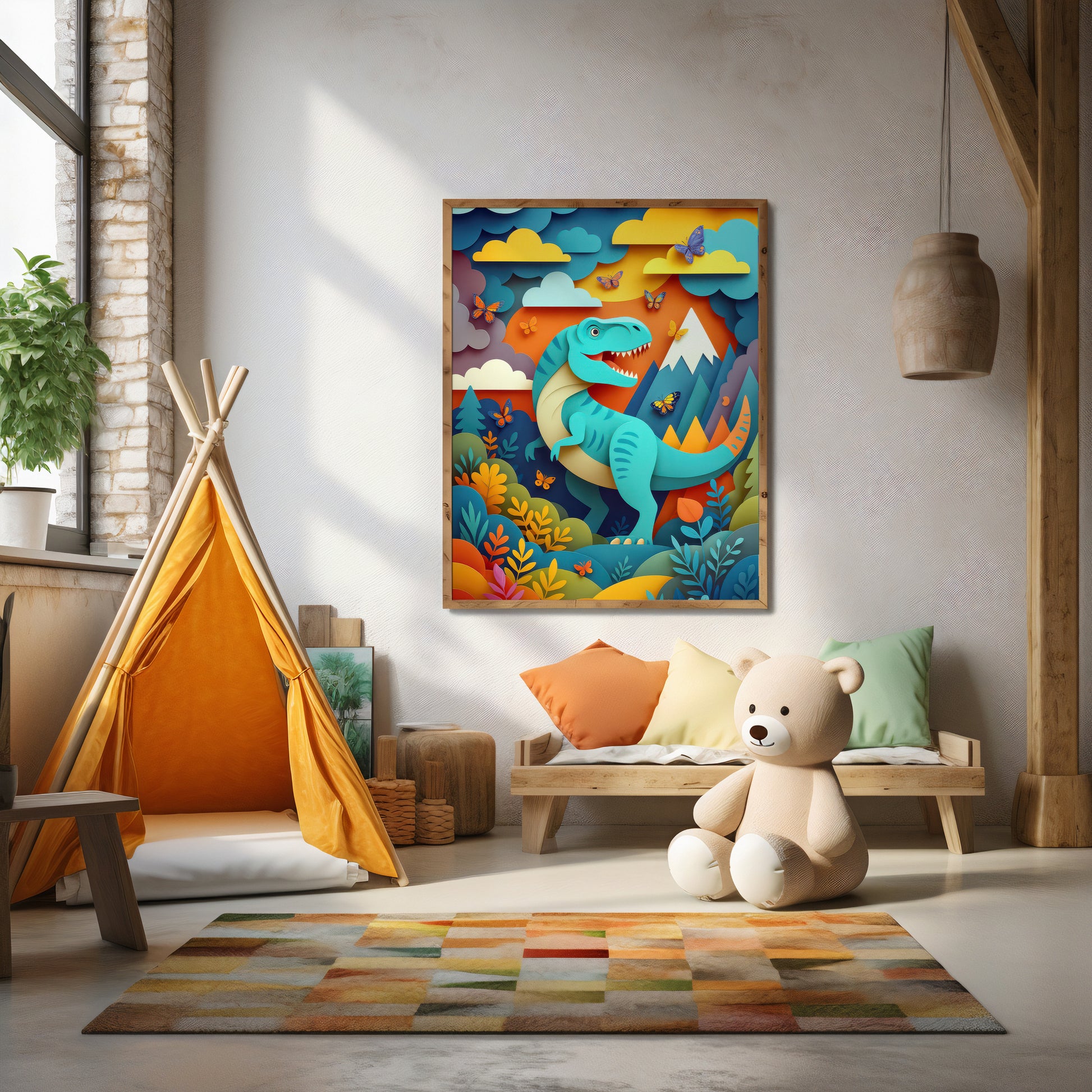 Kids room with dinosaur artwork, teddy bear, and teepee.