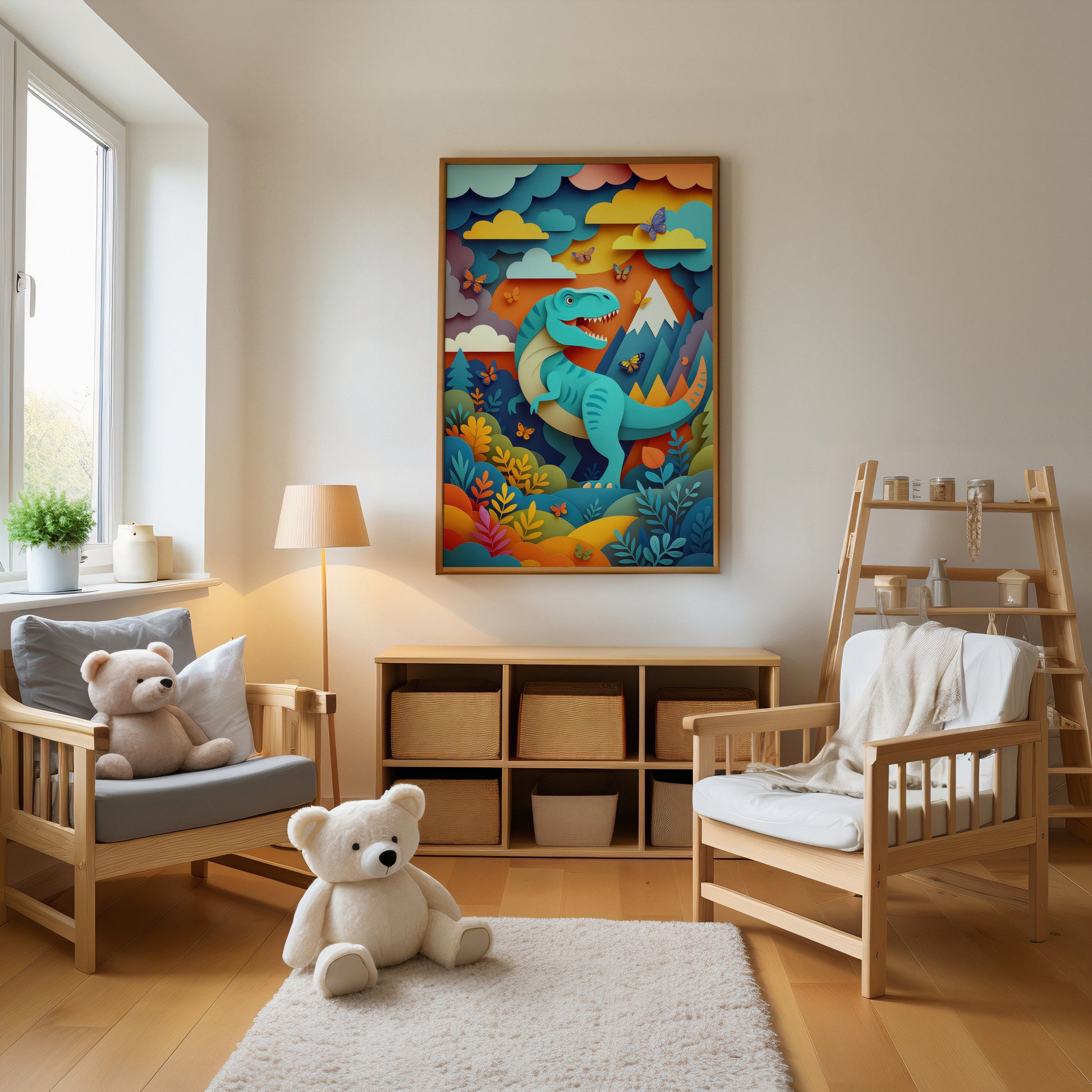 T-rex dinosaur nursery wall art print in modern children's room .