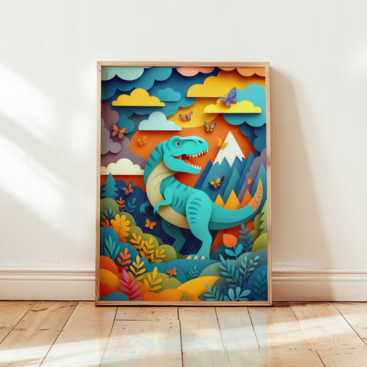Colourful T-rex dinosaur nursery wall art print featuring playful layered paper-cut landscape with mountains, clouds and butterflies.