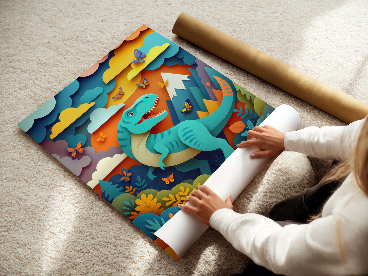 child unrolling a colorful dinosaur-themed rug on a carpeted floor